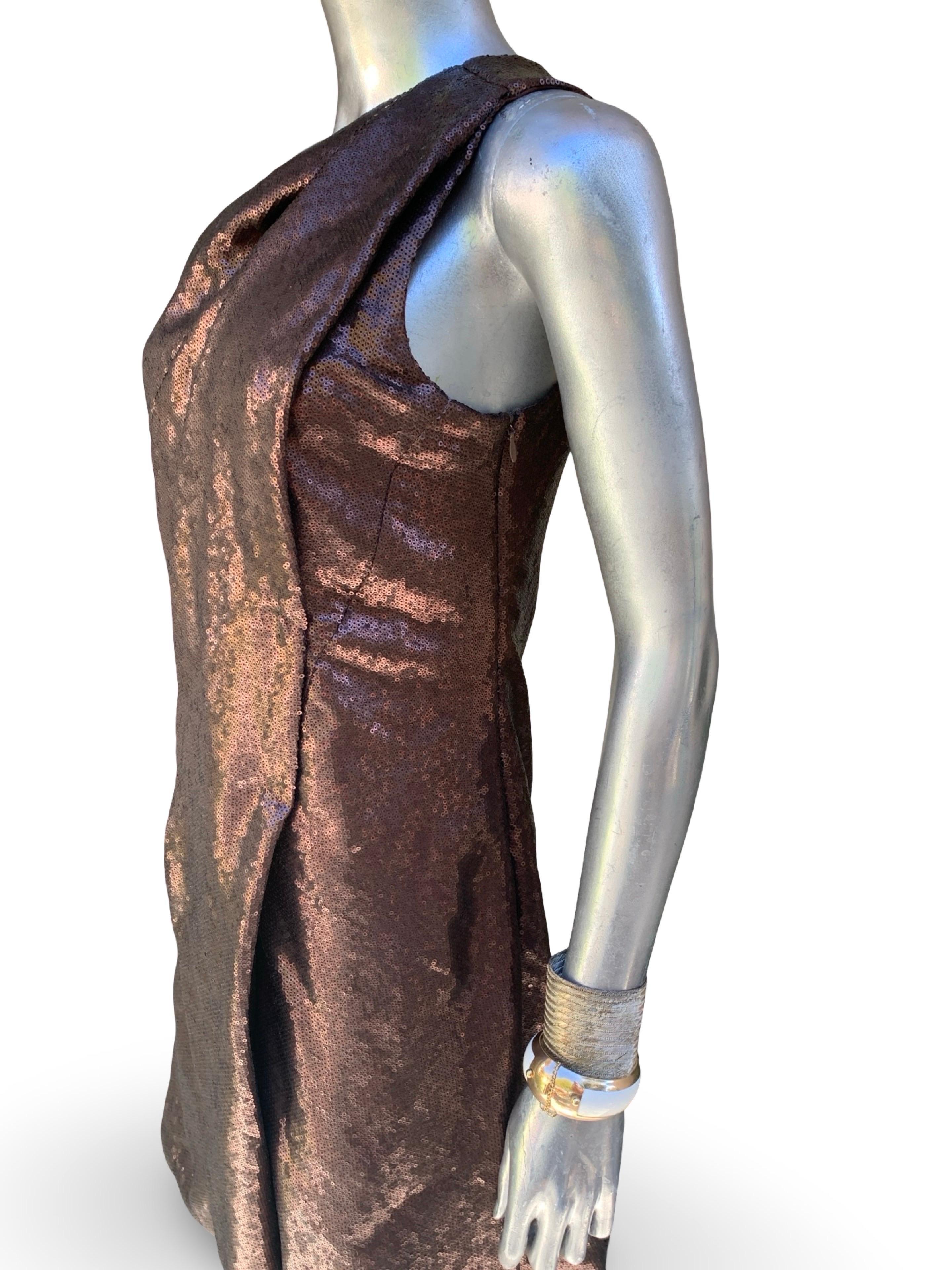 KaufmanFranco Collection Drapiertes Braun/Kupfer Pailletten Asymmetrisches Cocktailkleid im Angebot 2