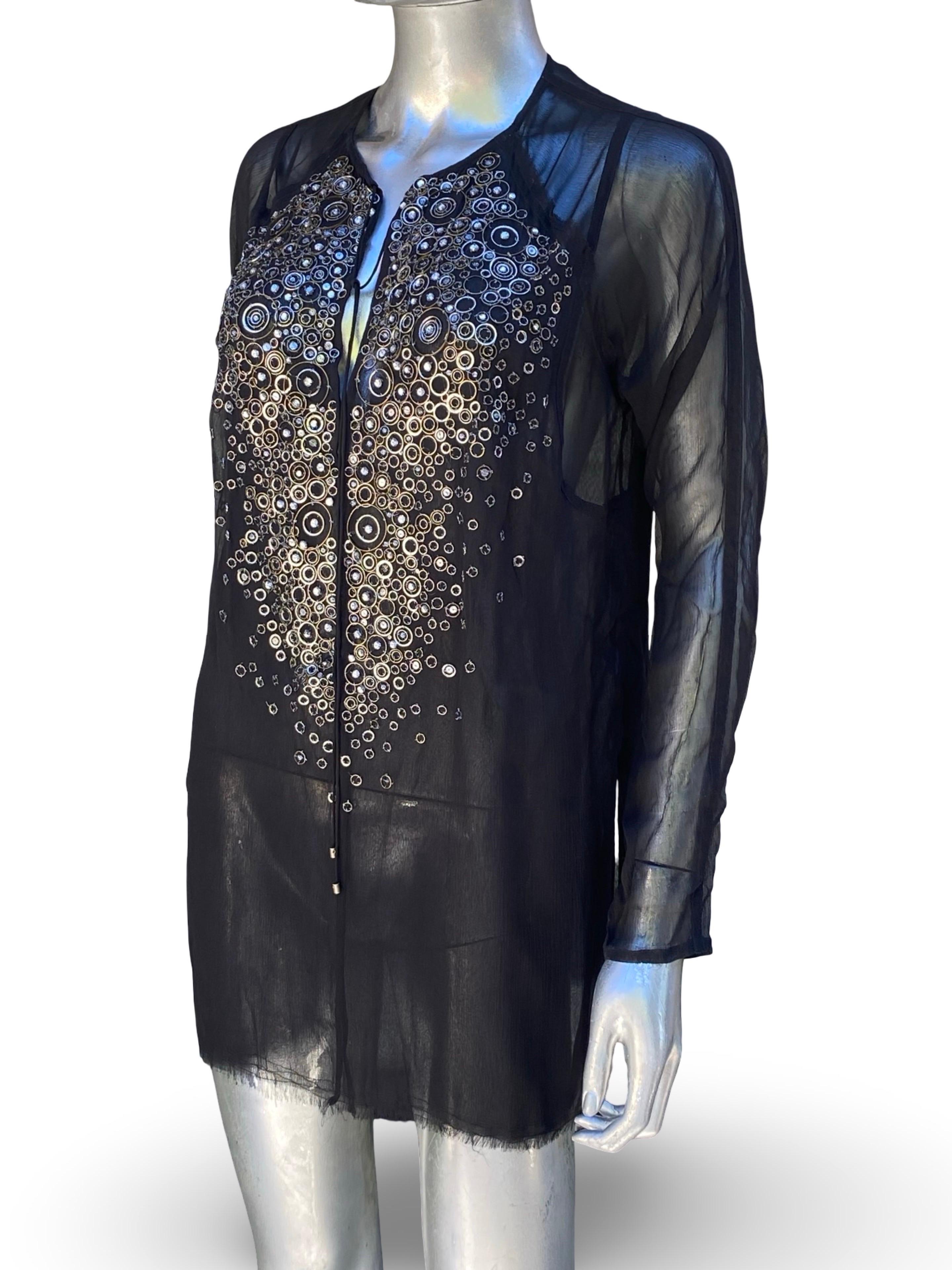 KaufmanFranco: camicetta a tunica in chiffon di seta nera con perline, taglia 6/42 in vendita 5