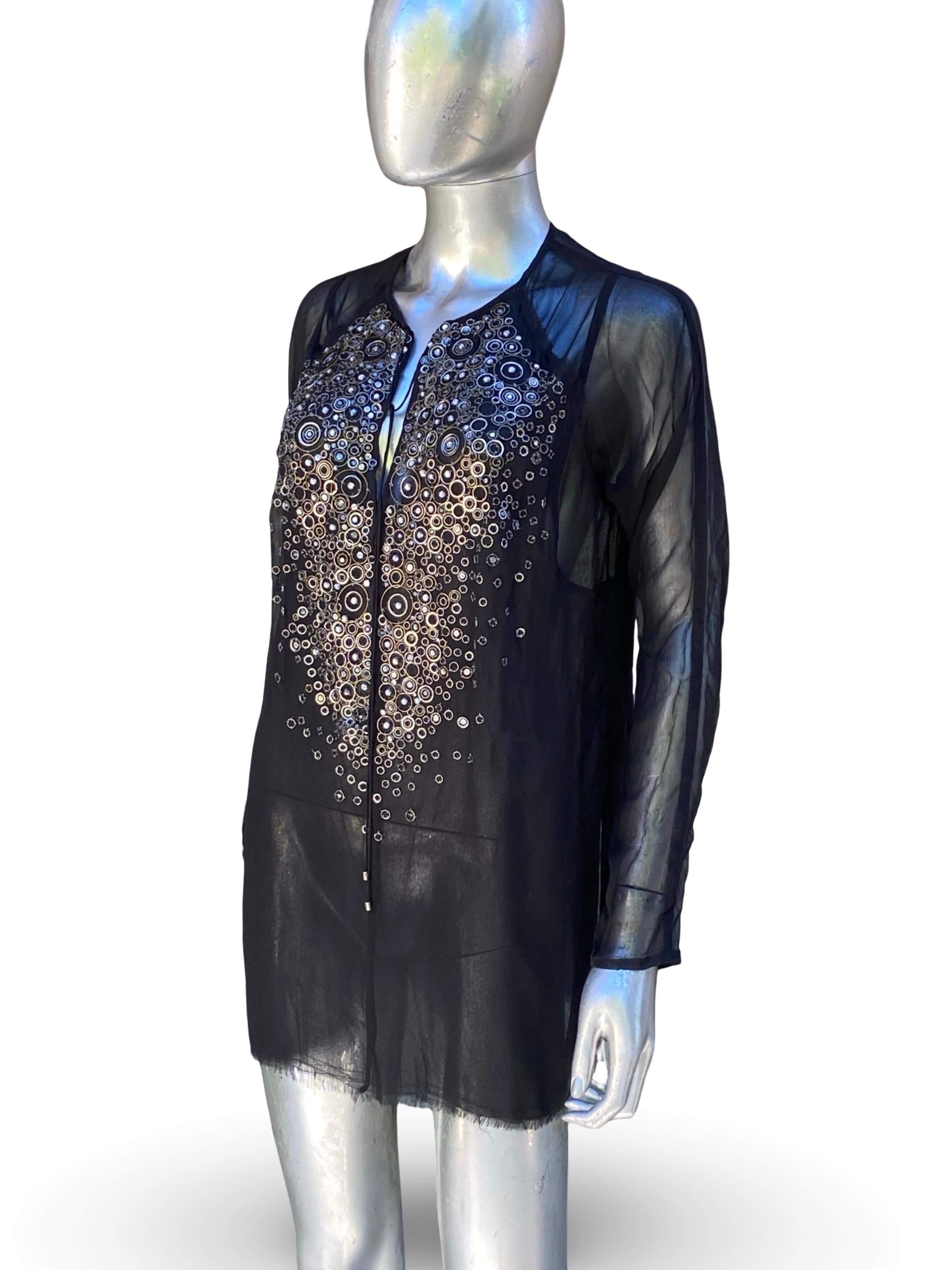 KaufmanFranco: camicetta a tunica in chiffon di seta nera con perline, taglia 6/42 in vendita 7