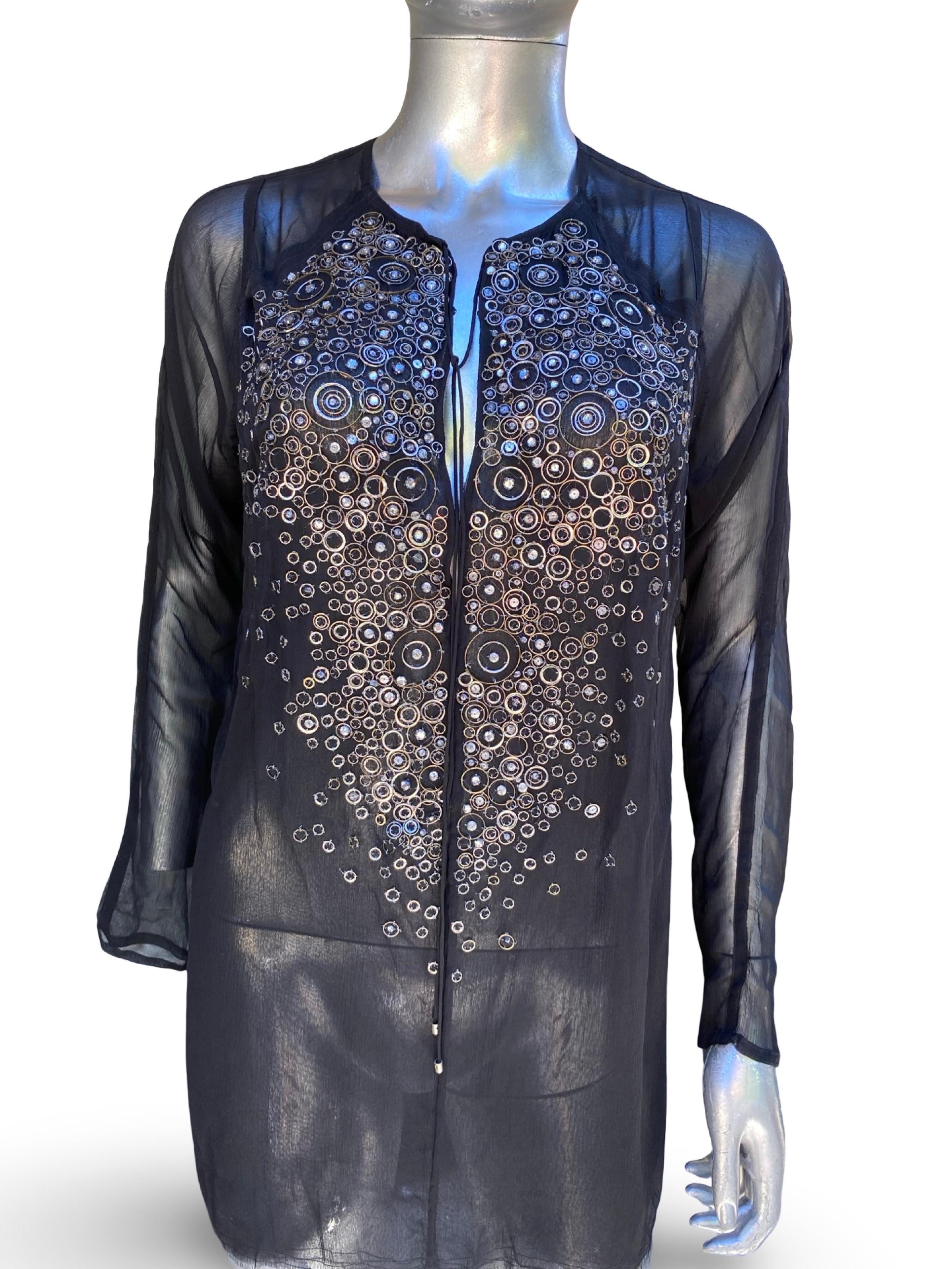 da uomo o donna KaufmanFranco: camicetta a tunica in chiffon di seta nera con perline, taglia 6/42 in vendita
