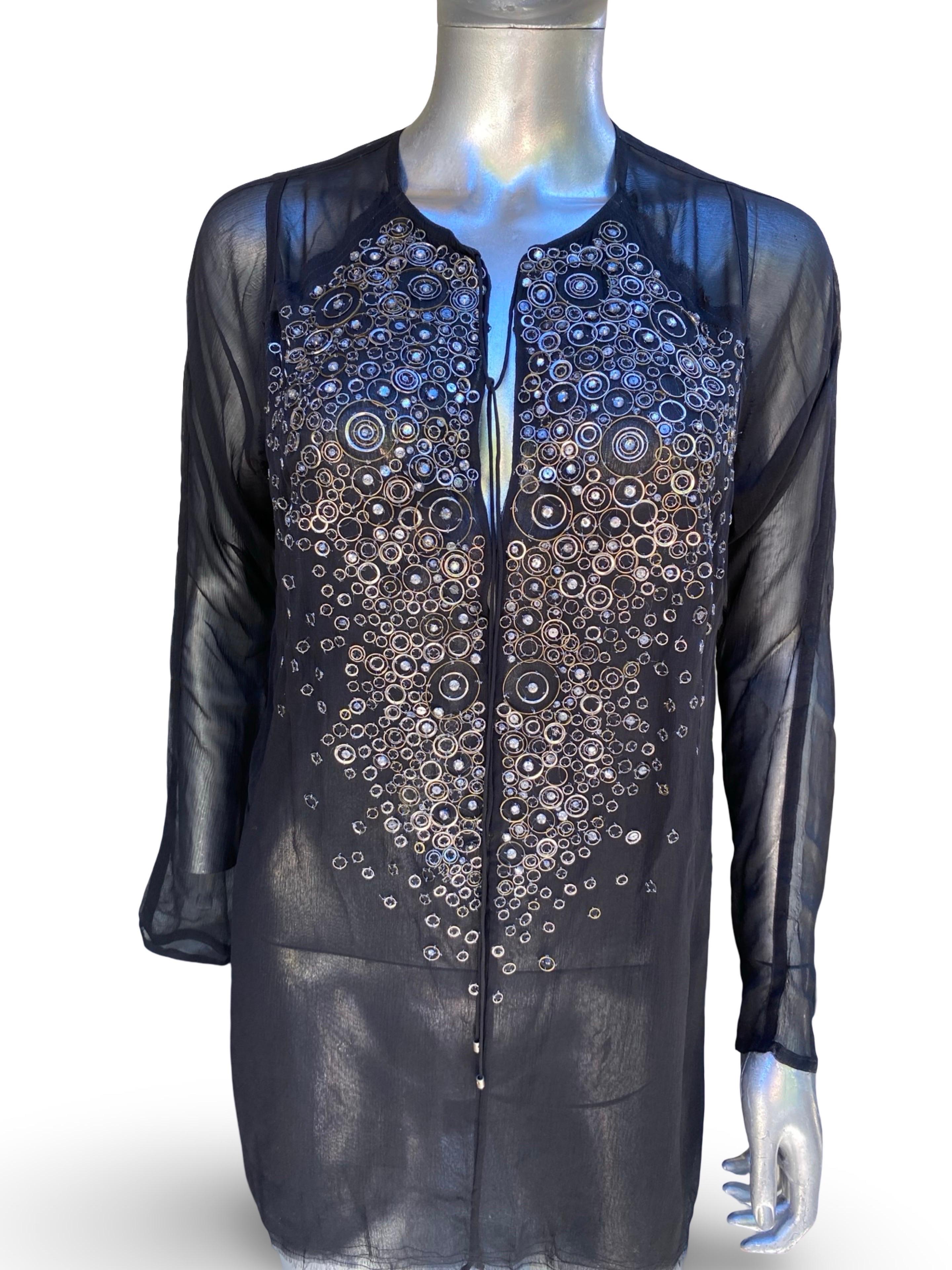 KaufmanFranco: camicetta a tunica in chiffon di seta nera con perline, taglia 6/42 in vendita 1