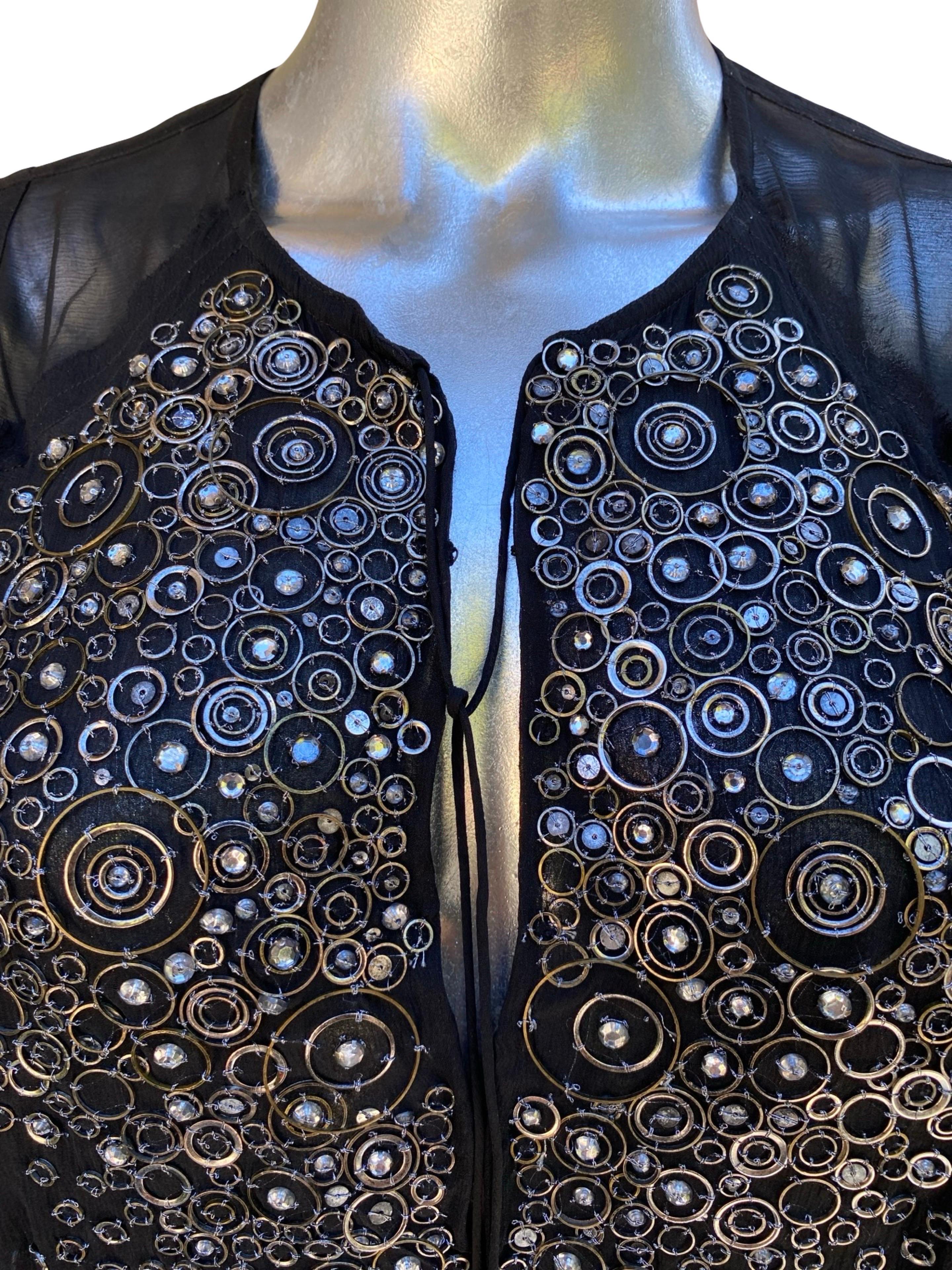 KaufmanFranco: camicetta a tunica in chiffon di seta nera con perline, taglia 6/42 in vendita 3
