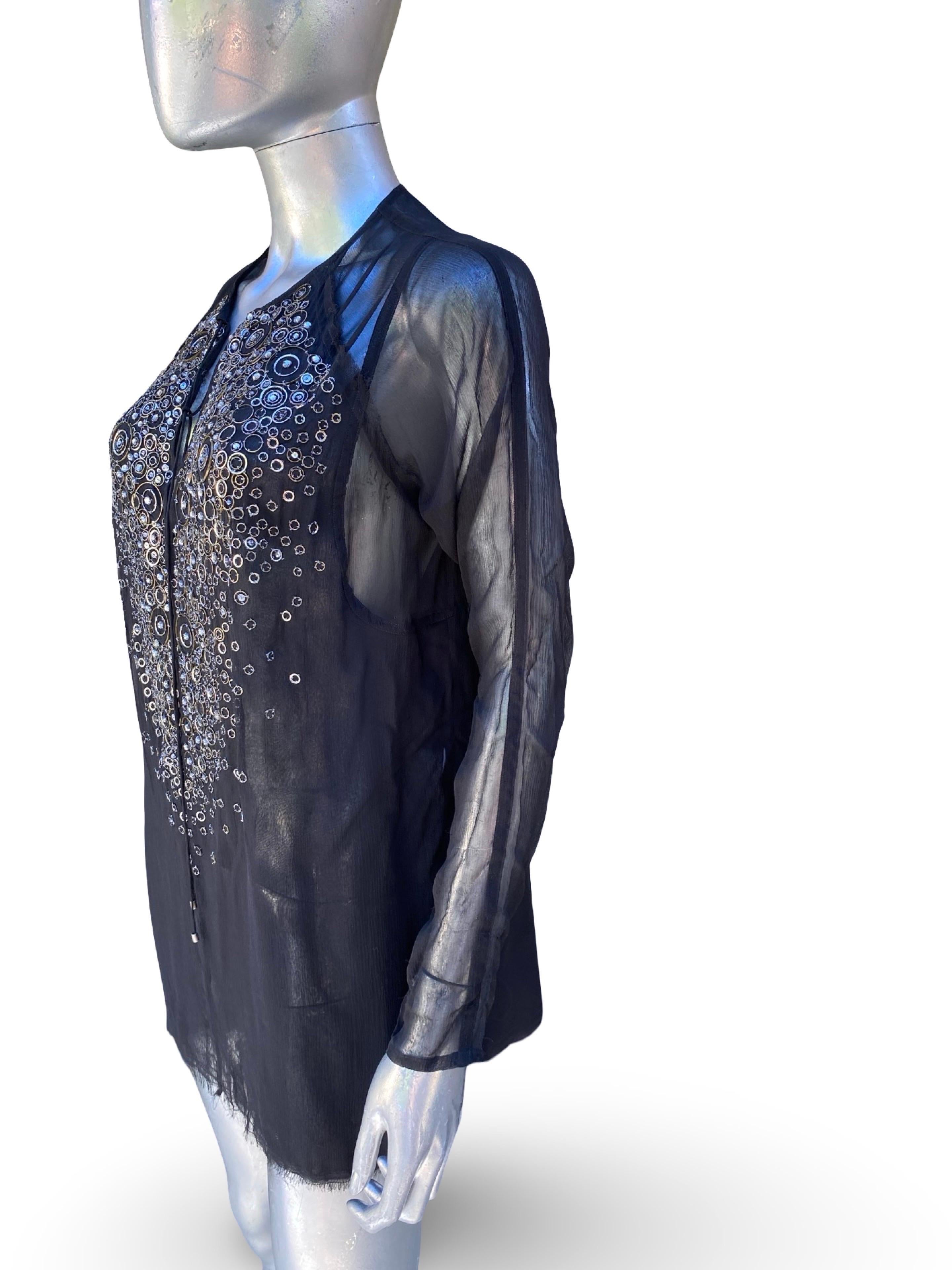 KaufmanFranco: camicetta a tunica in chiffon di seta nera con perline, taglia 6/42 in vendita 4