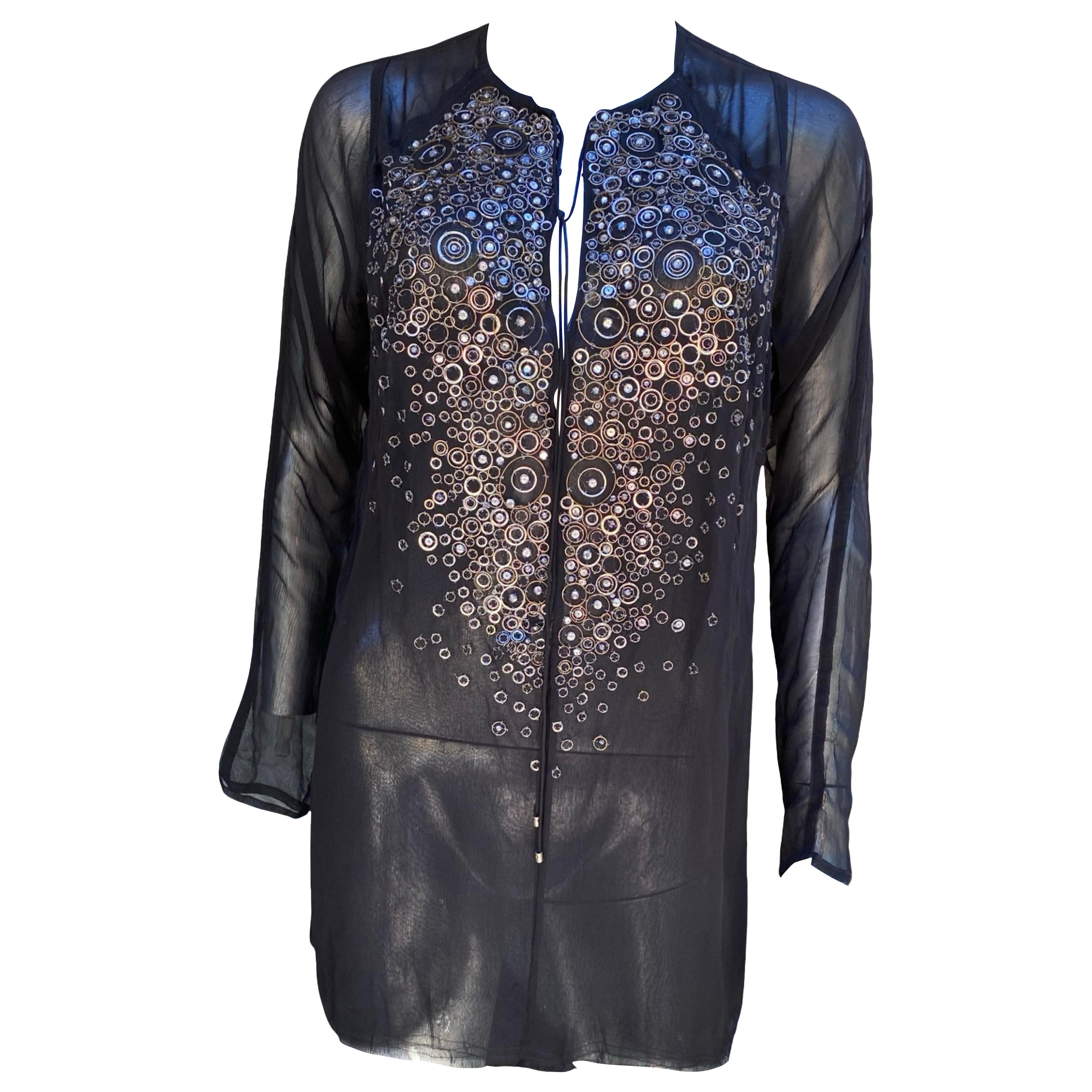 KaufmanFranco: camicetta a tunica in chiffon di seta nera con perline, taglia 6/42 in vendita 13