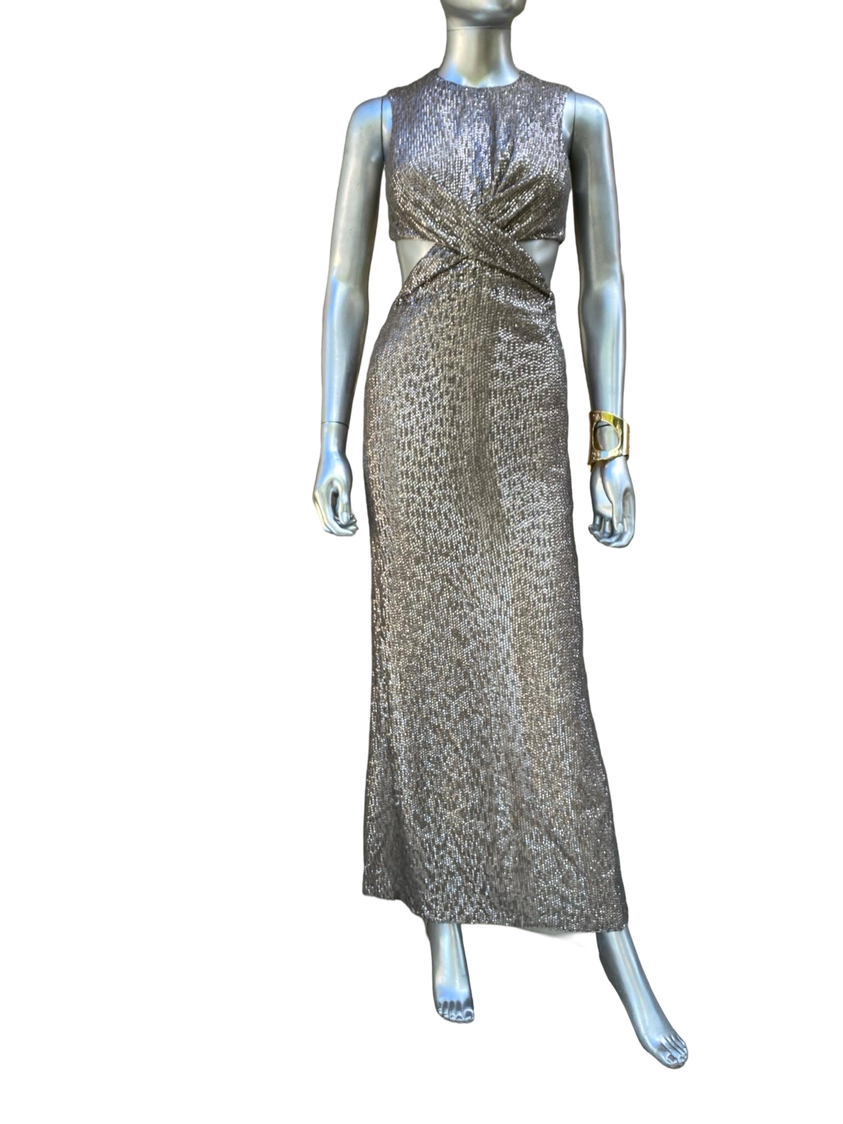 Kaufmanfranco Hand Beaded Taupe Evening Dress w Cut-Out Waist Size 4 For Sale 5