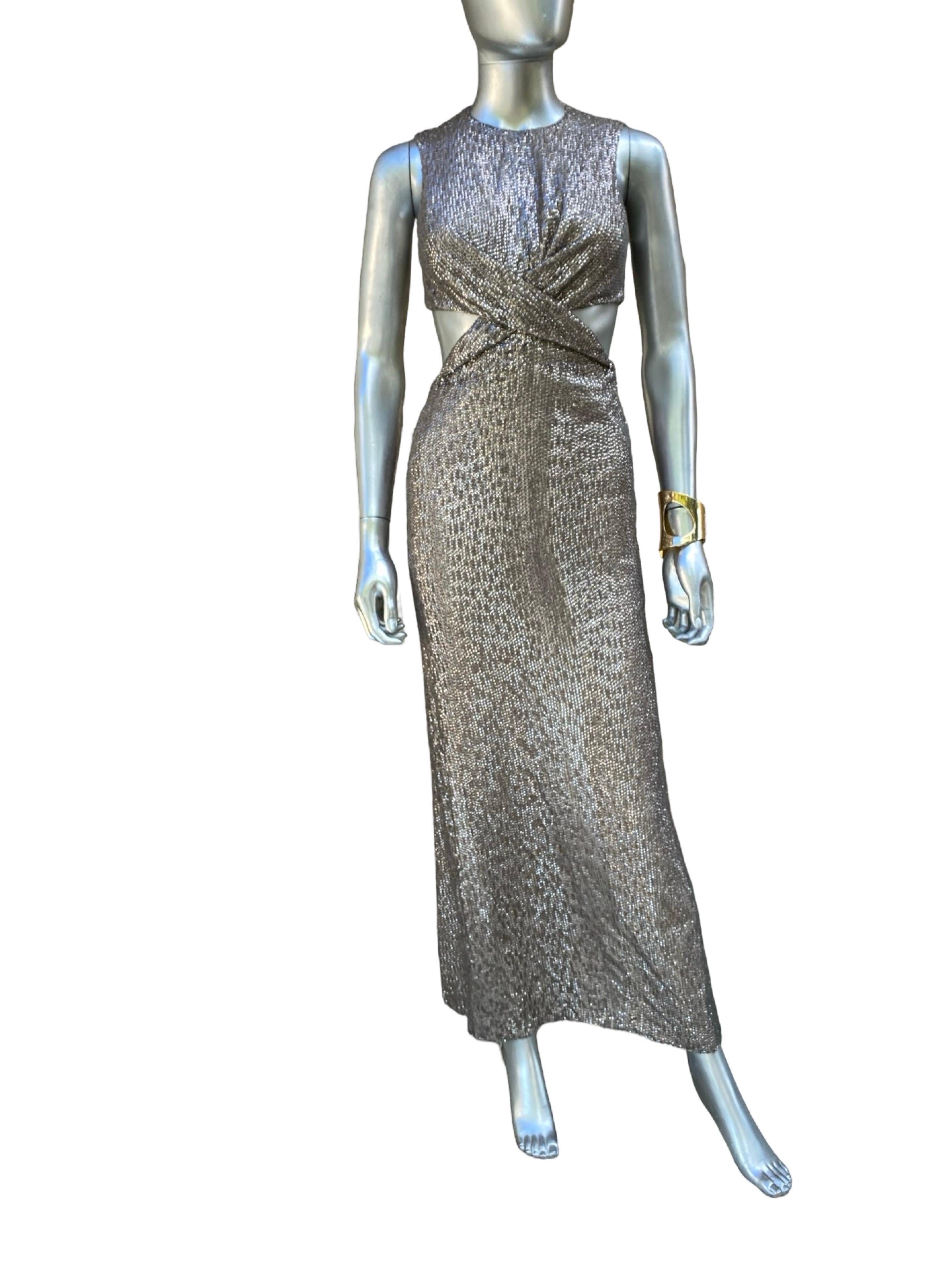 Kaufmanfranco Hand Beaded Taupe Evening Dress w Cut-Out Waist Size 4 For Sale 6