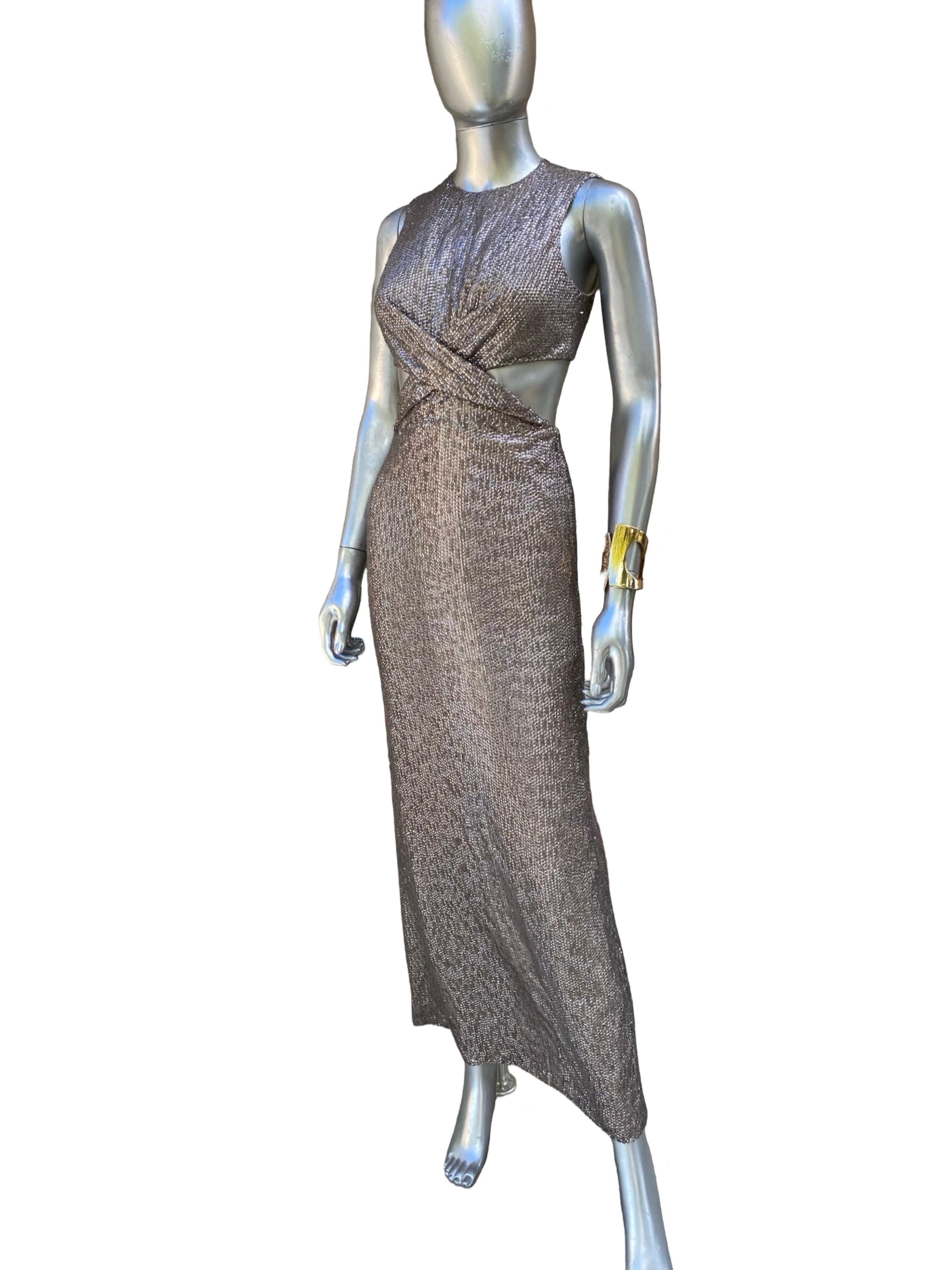Kaufmanfranco Hand Beaded Taupe Evening Dress w Cut-Out Waist Size 4 For Sale 7