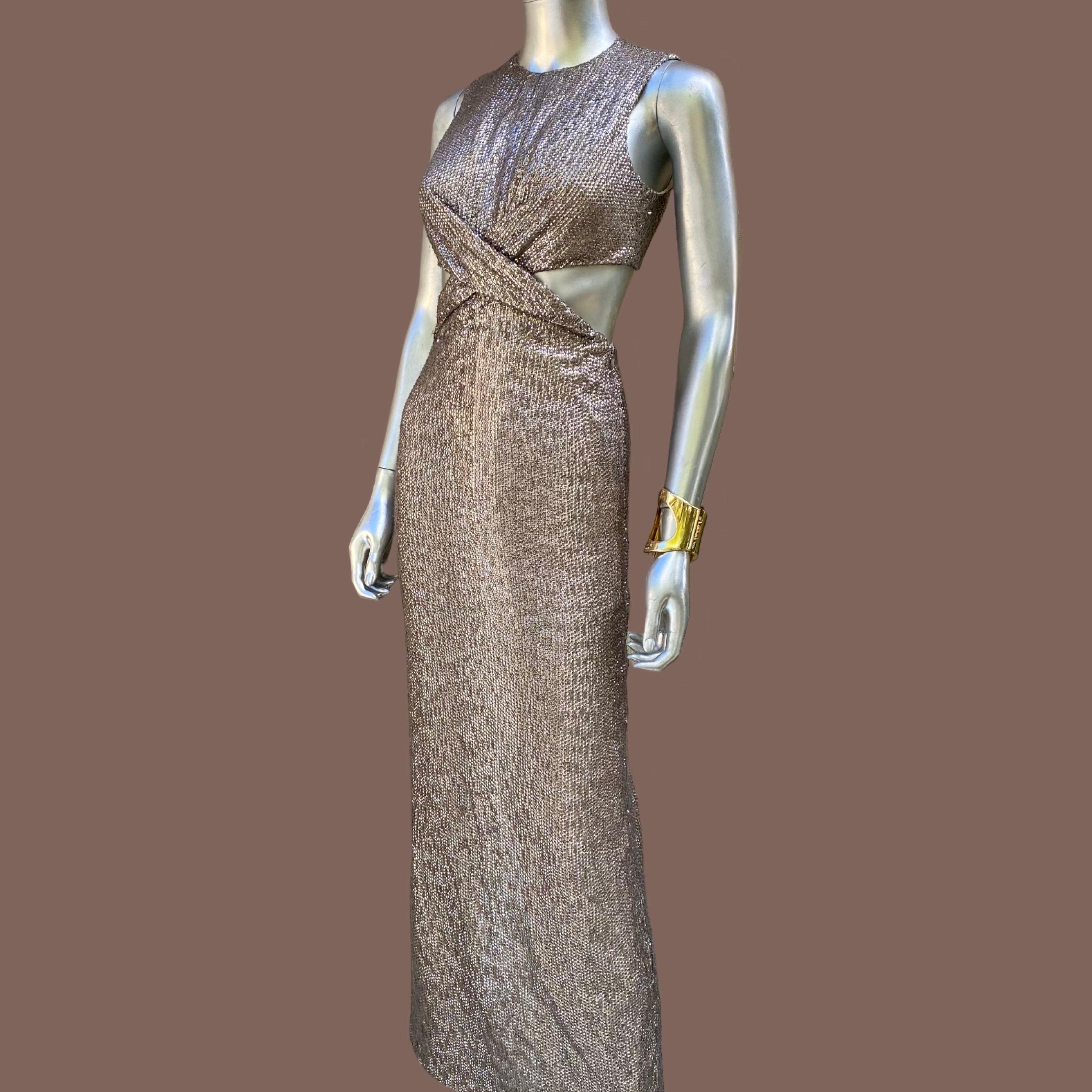 Kaufmanfranco Hand Beaded Taupe Evening Dress w Cut-Out Waist Size 4 For Sale 8