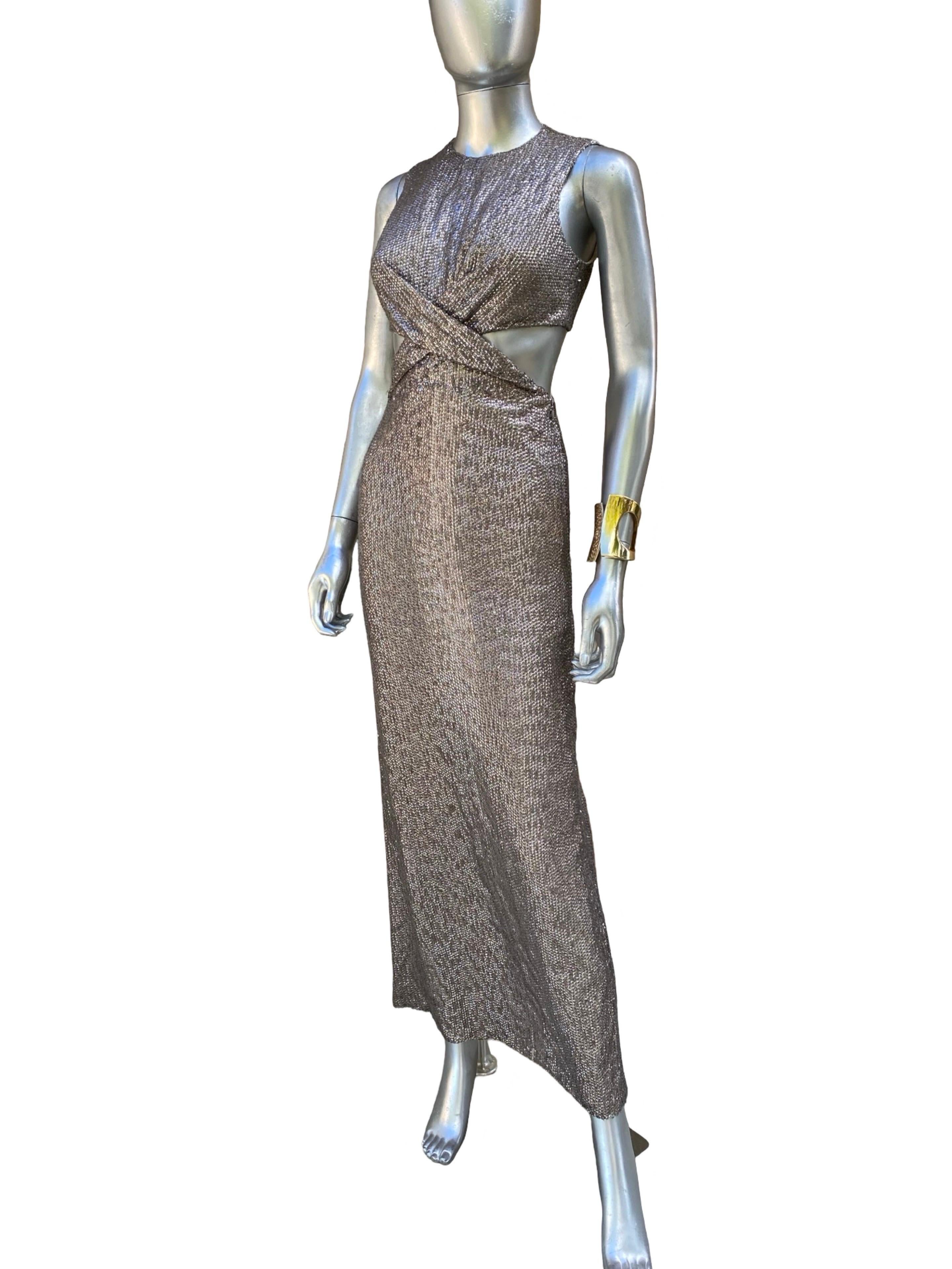 Gray Kaufmanfranco Hand Beaded Taupe Evening Dress w Cut-Out Waist Size 4 For Sale