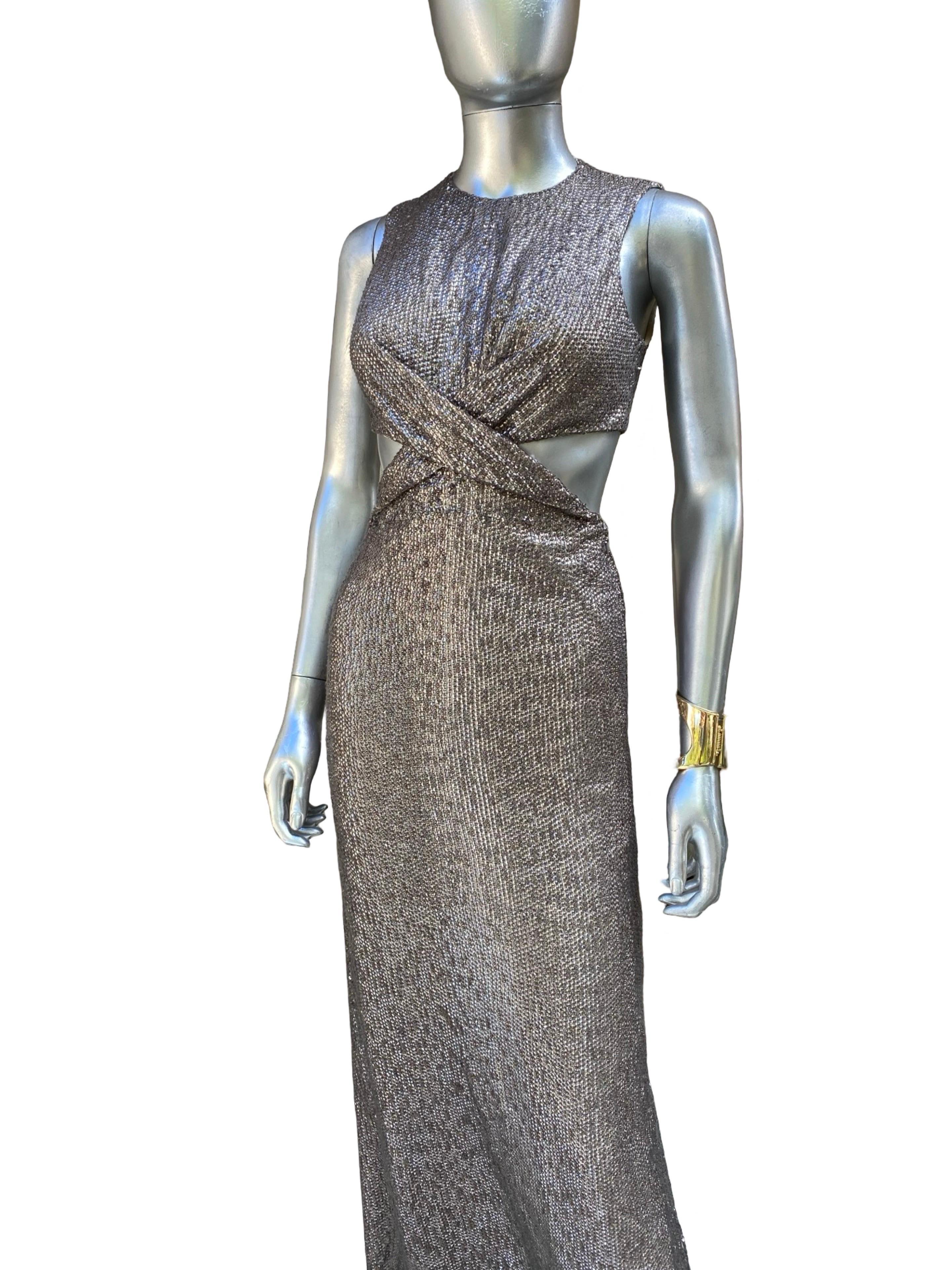 Kaufmanfranco Hand Beaded Taupe Evening Dress w Cut-Out Waist Size 4 In Good Condition For Sale In Palm Springs, CA