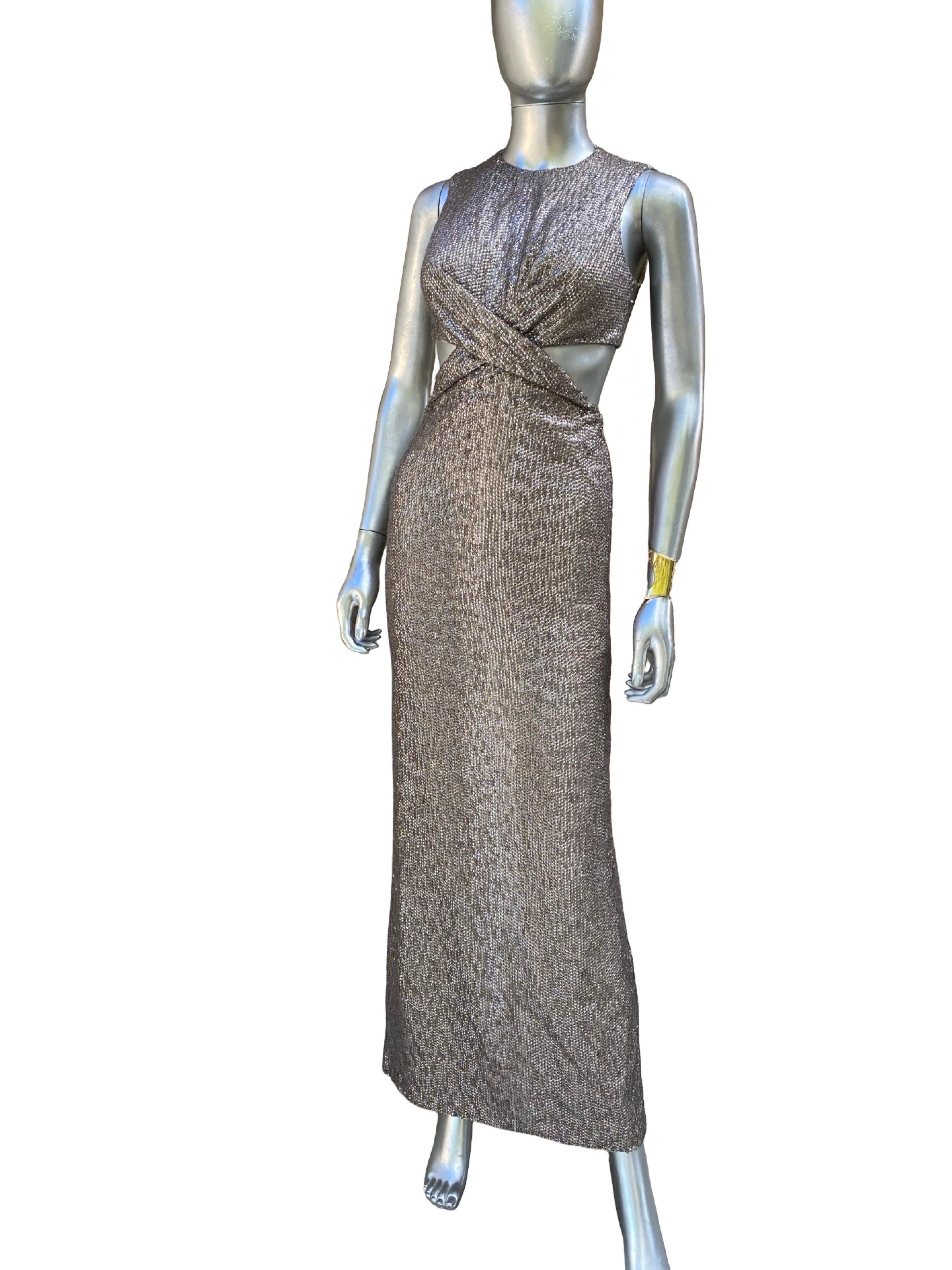 Women's Kaufmanfranco Hand Beaded Taupe Evening Dress w Cut-Out Waist Size 4 For Sale