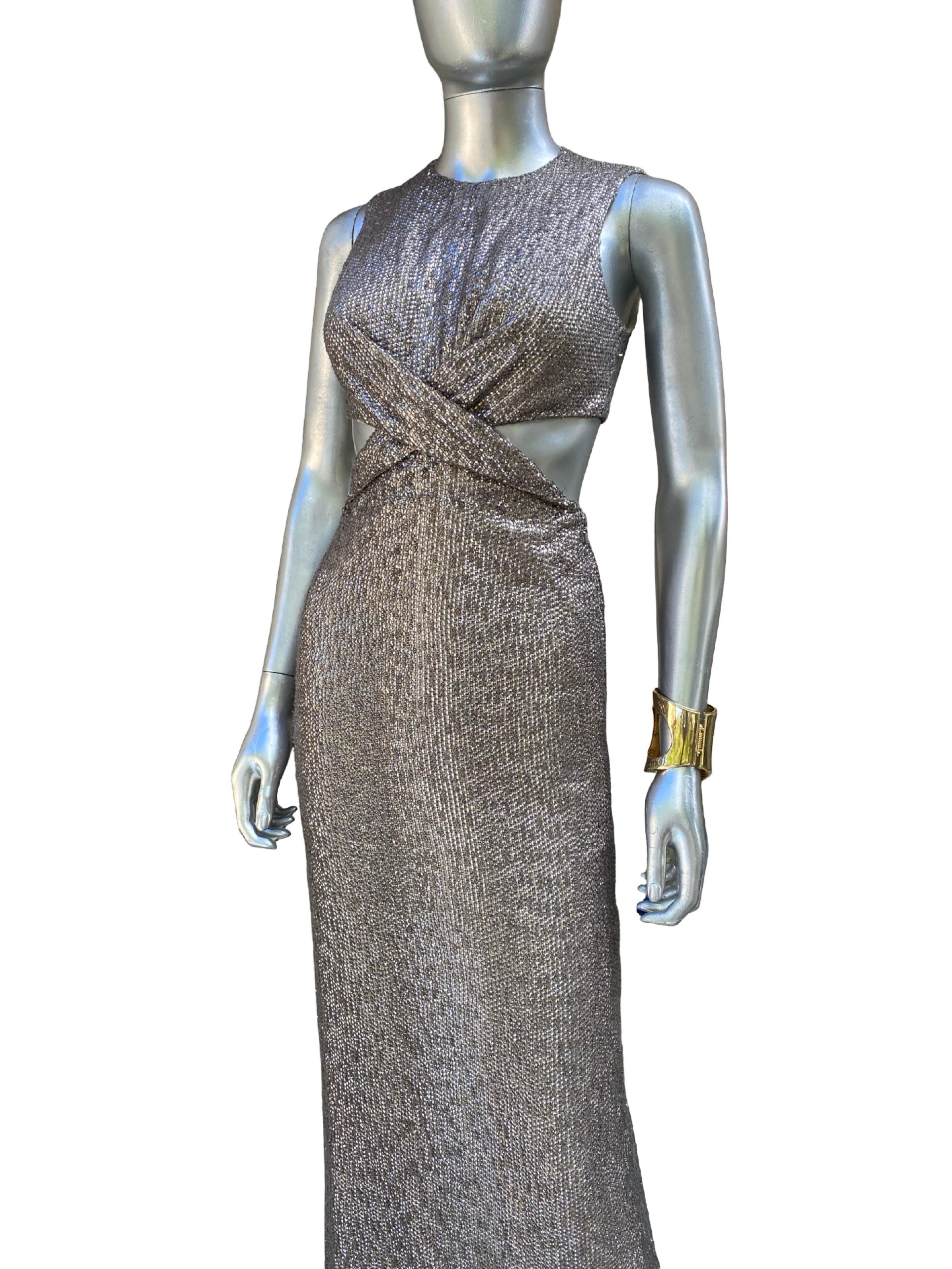 Kaufmanfranco Hand Beaded Taupe Evening Dress w Cut-Out Waist Size 4 For Sale 1