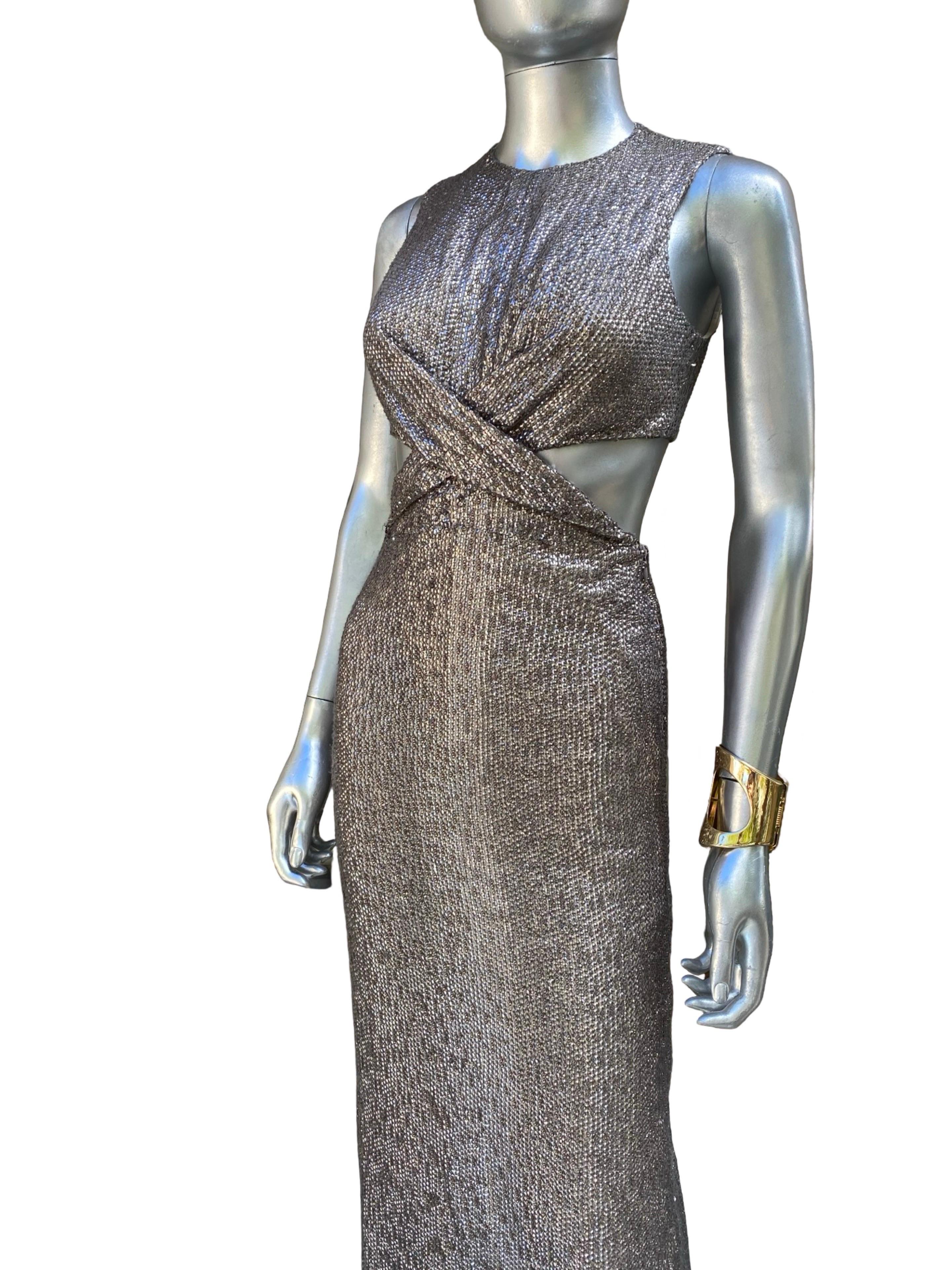 Kaufmanfranco Hand Beaded Taupe Evening Dress w Cut-Out Waist Size 4 For Sale 2