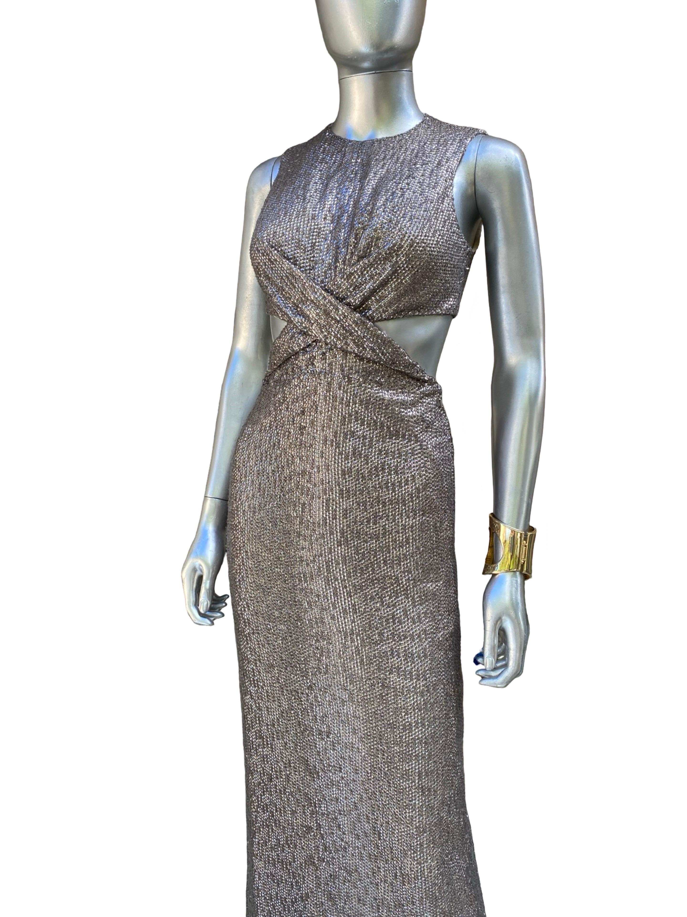 Kaufmanfranco Hand Beaded Taupe Evening Dress w Cut-Out Waist Size 4 For Sale 3