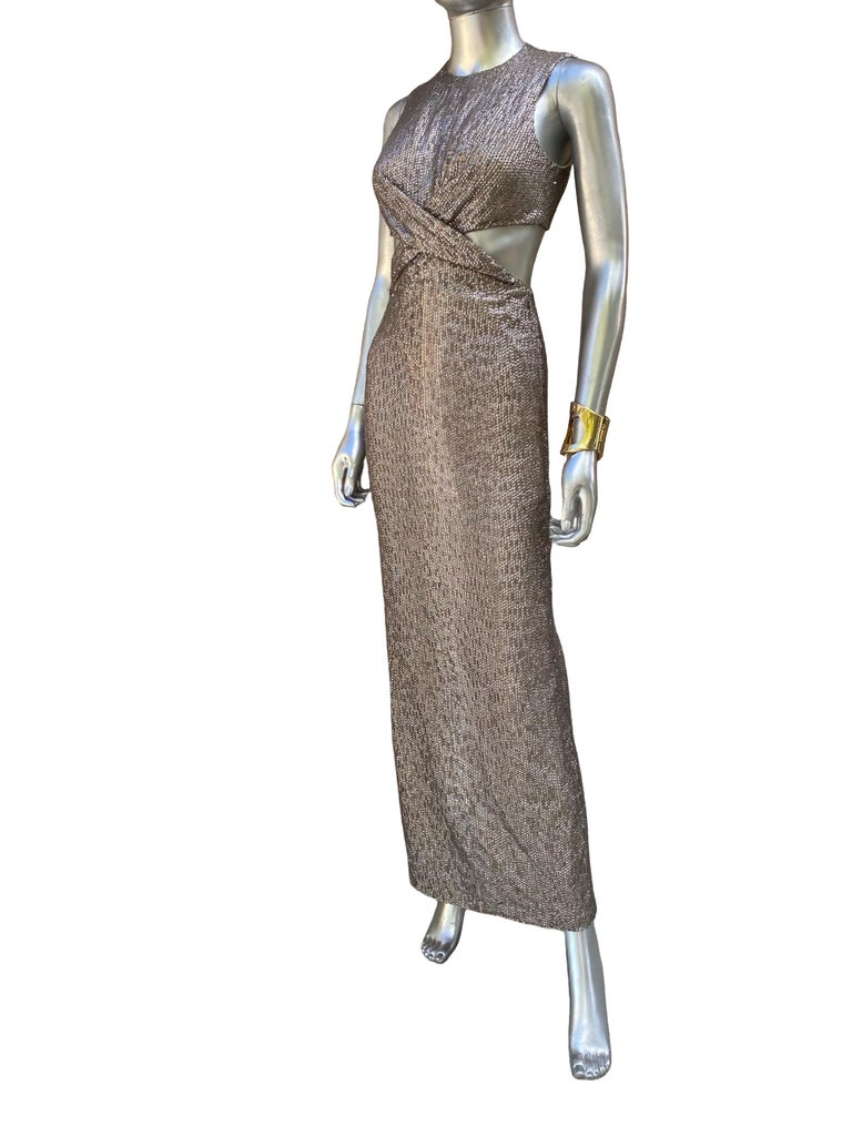 Kaufmanfranco Hand Beaded Taupe Evening Dress w Cut-Out Waist Size 4 For  Sale at 1stDibs