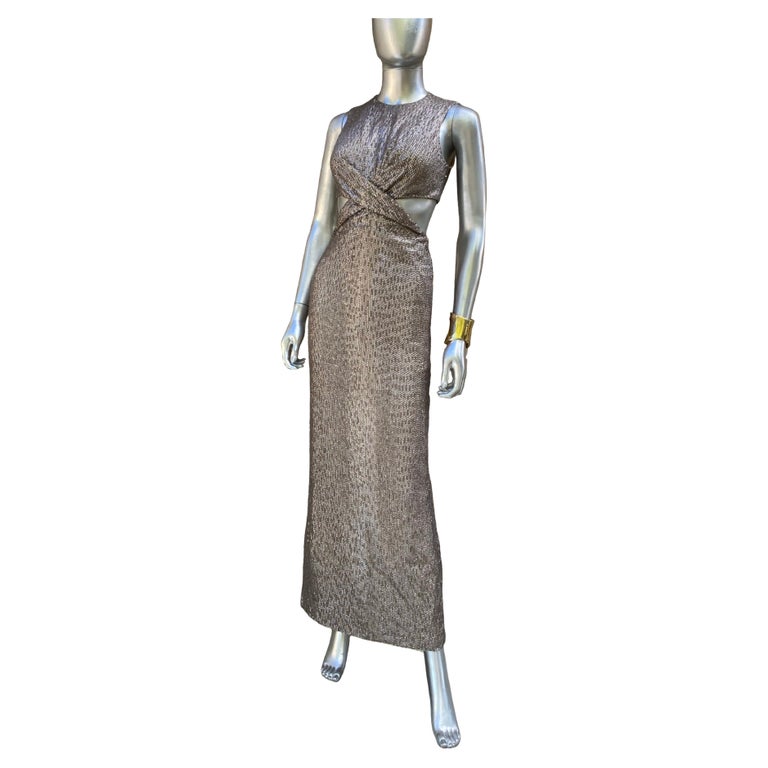 Kaufmanfranco Hand Beaded Taupe Evening Dress w Cut-Out Waist Size 4 For  Sale at 1stDibs