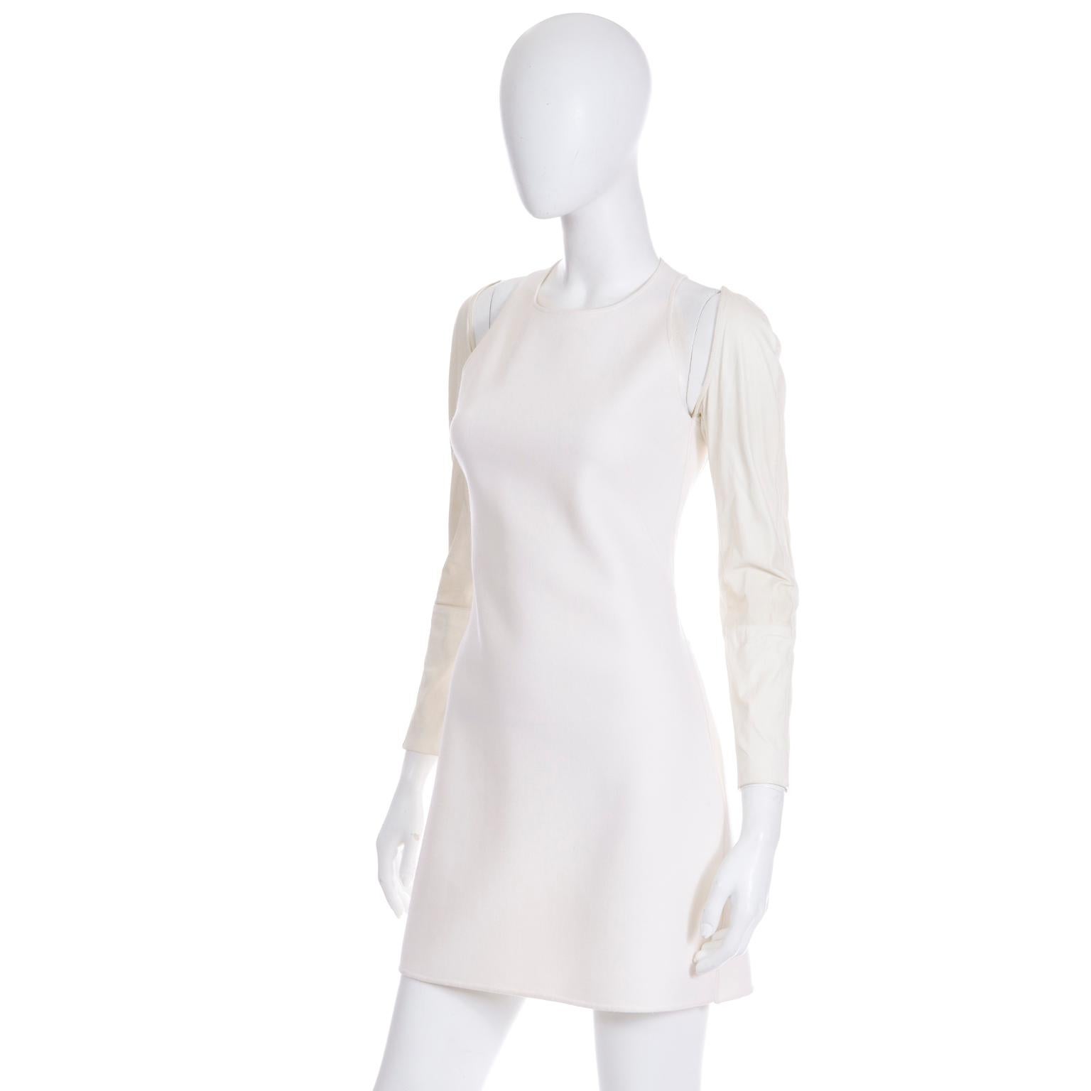 Gray Kaufmanfranco Ivory Crepe Cutout Dress With Cream Lambskin Leather Sleeves For Sale