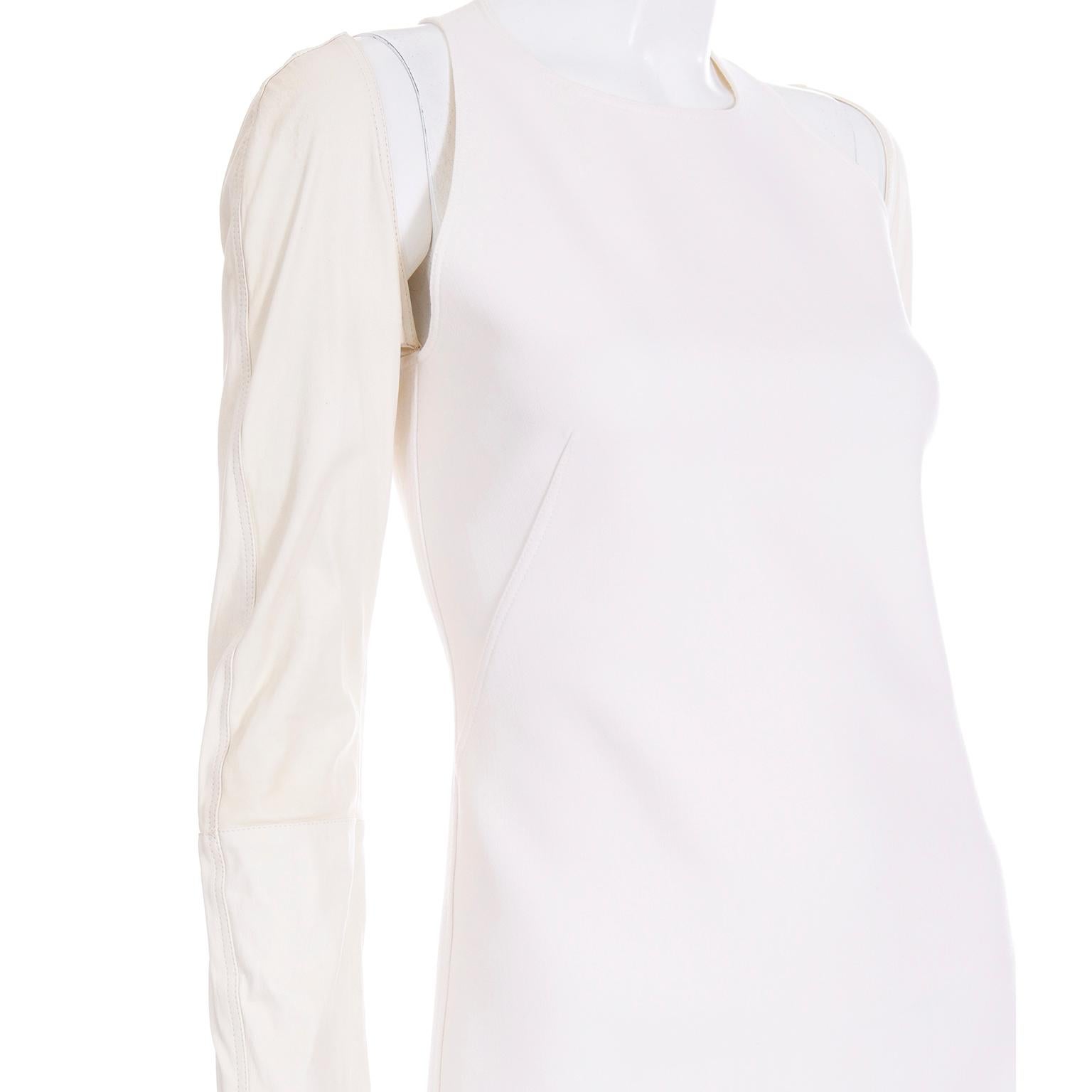 Kaufmanfranco Ivory Crepe Cutout Dress With Cream Lambskin Leather Sleeves In Excellent Condition For Sale In Portland, OR