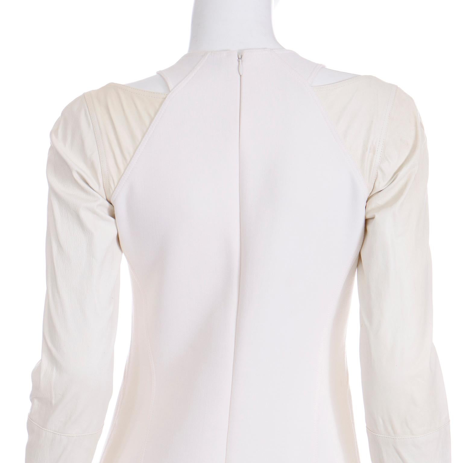 Women's Kaufmanfranco Ivory Crepe Cutout Dress With Cream Lambskin Leather Sleeves For Sale
