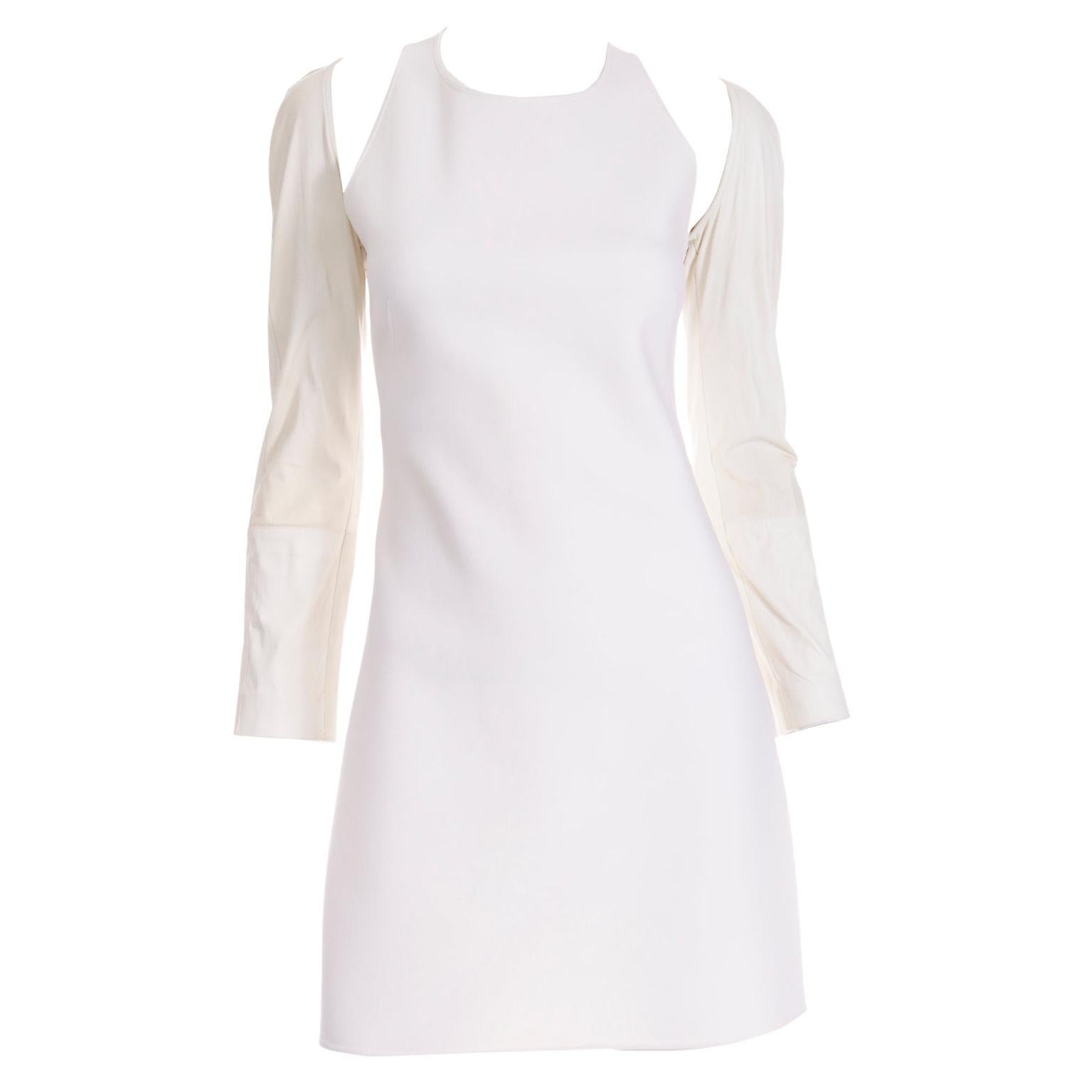 Kaufmanfranco Ivory Crepe Cutout Dress With Cream Lambskin Leather Sleeves For Sale