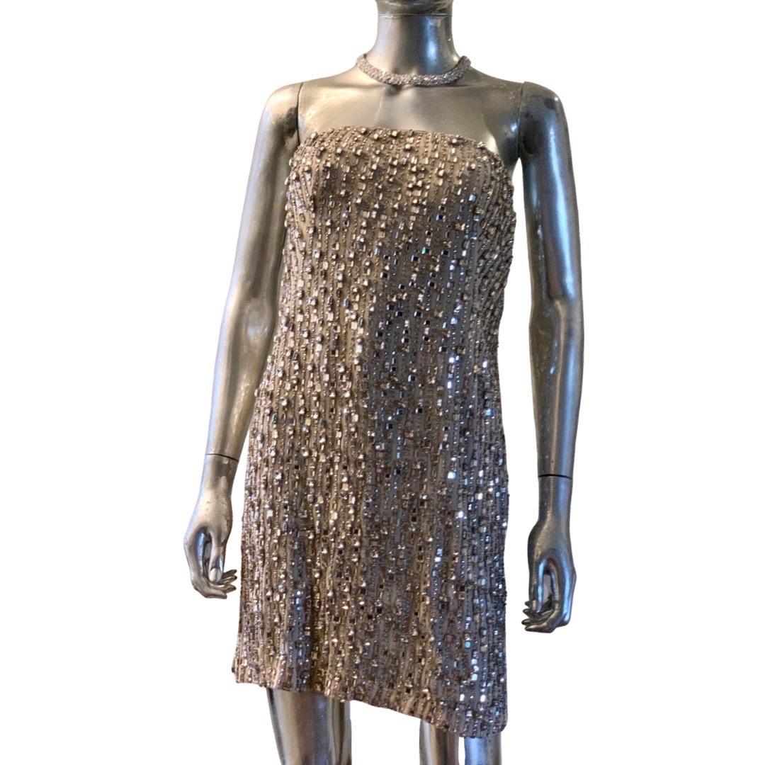 KaufmanFranco Nude Silk Rhinestone Embellished Strapless Cocktail Dress Size 8 For Sale 3