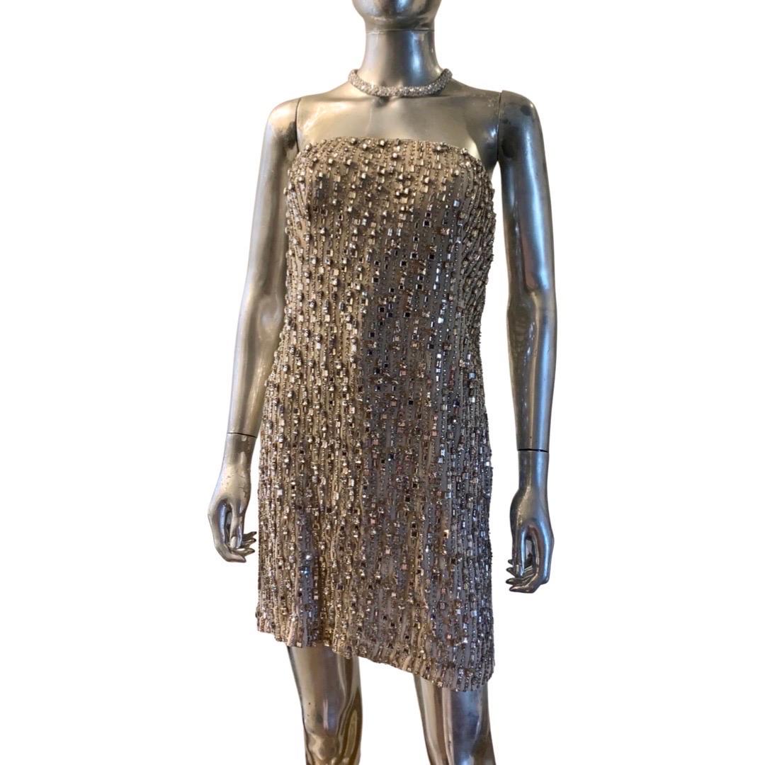 Brown KaufmanFranco Nude Silk Rhinestone Embellished Strapless Cocktail Dress Size 8 For Sale