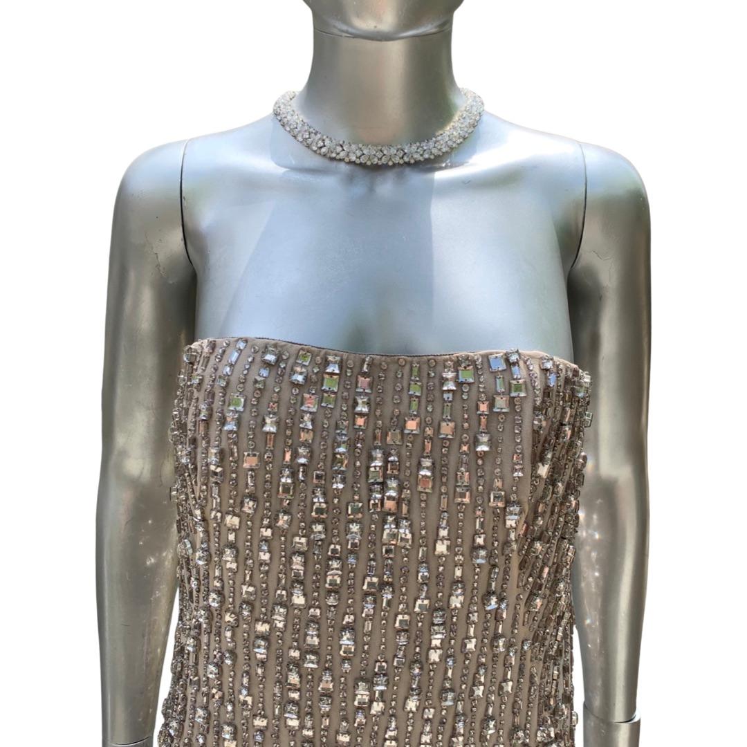 KaufmanFranco Nude Silk Rhinestone Hand Beaded Bustier Cocktail Dress NWT Size 6 For Sale 3