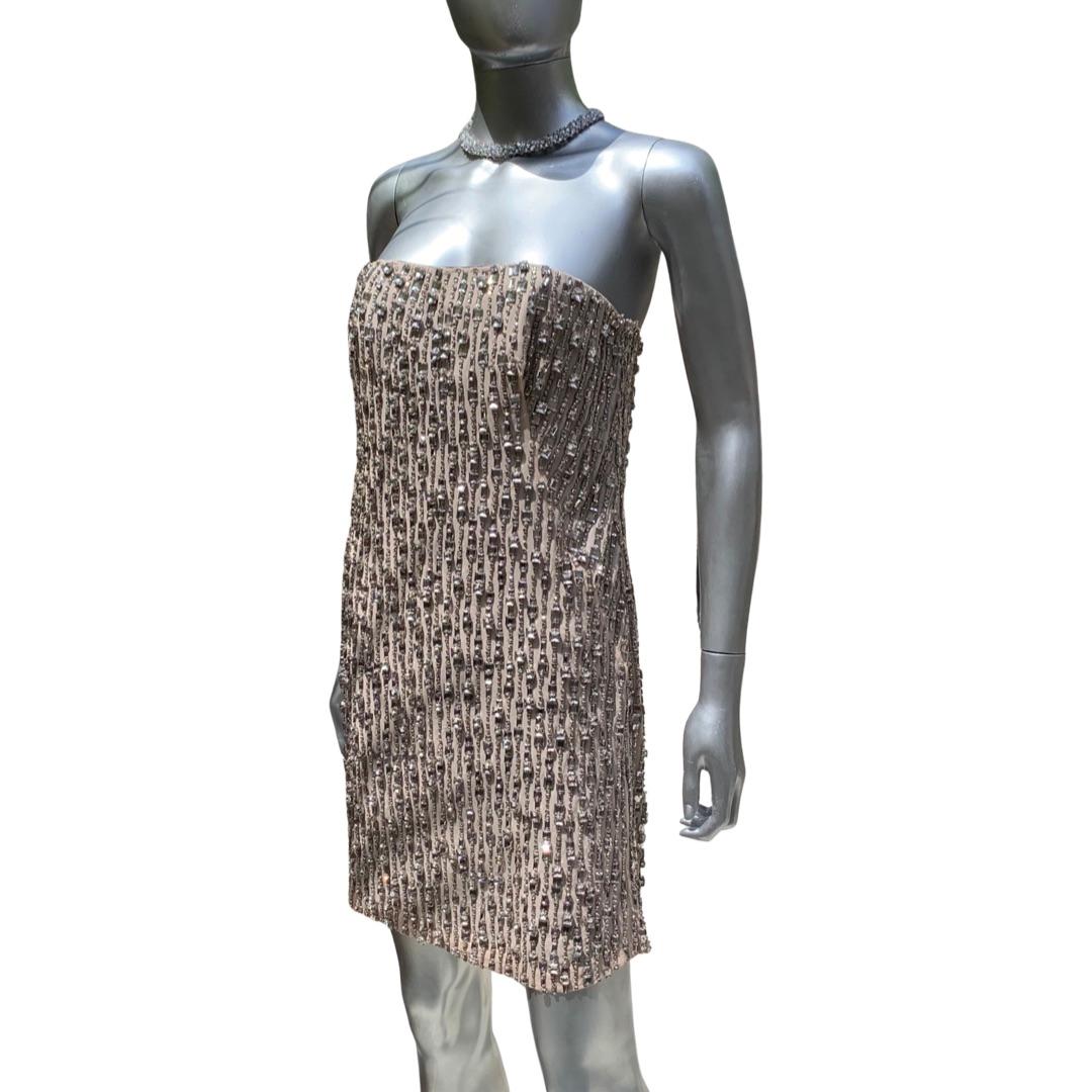 KaufmanFranco Nude Silk Rhinestone Hand Beaded Bustier Cocktail Dress NWT Size 6 For Sale 7