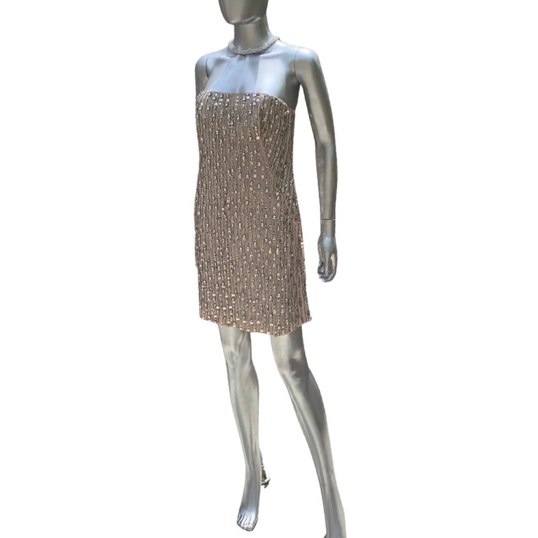 Gray KaufmanFranco Nude Silk Rhinestone Hand Beaded Bustier Cocktail Dress NWT Size 6 For Sale