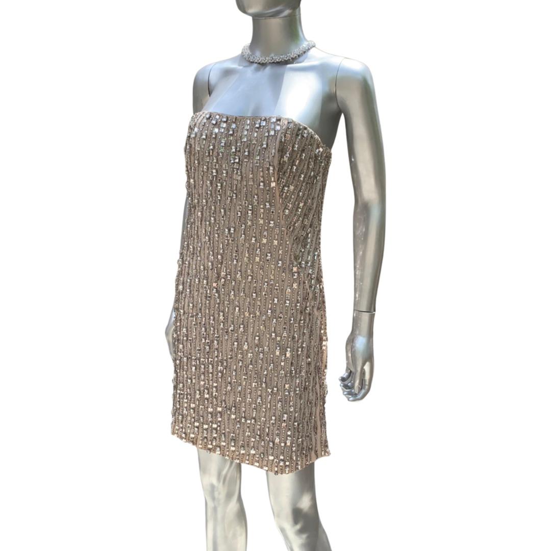 KaufmanFranco Nude Silk Rhinestone Hand Beaded Bustier Cocktail Dress NWT Size 6 In Excellent Condition For Sale In Palm Springs, CA