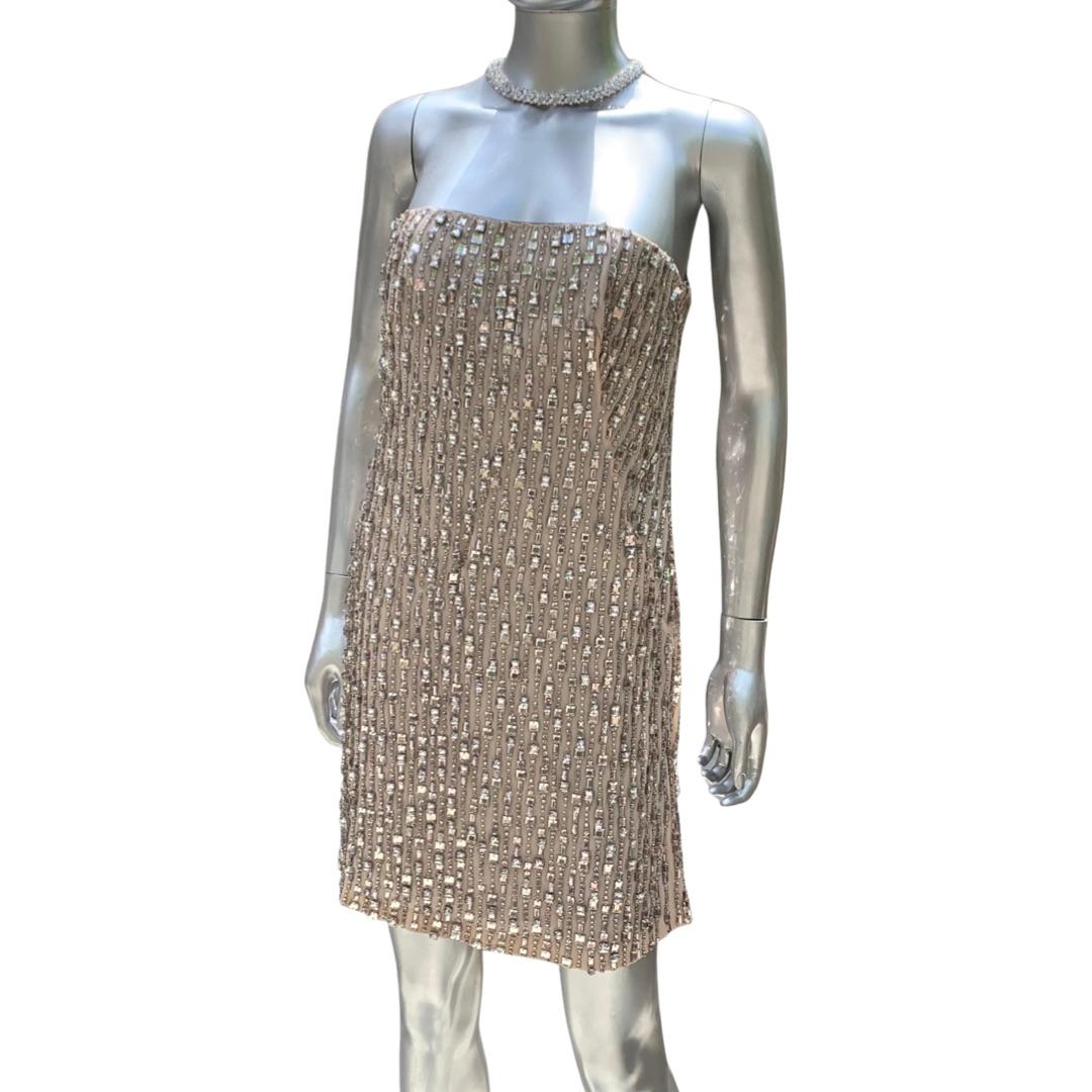 Women's KaufmanFranco Nude Silk Rhinestone Hand Beaded Bustier Cocktail Dress NWT Size 6 For Sale