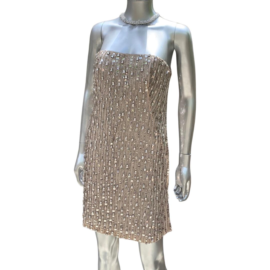 KaufmanFranco Nude Silk Rhinestone Hand Beaded Bustier Cocktail Dress NWT Size 6 For Sale 1