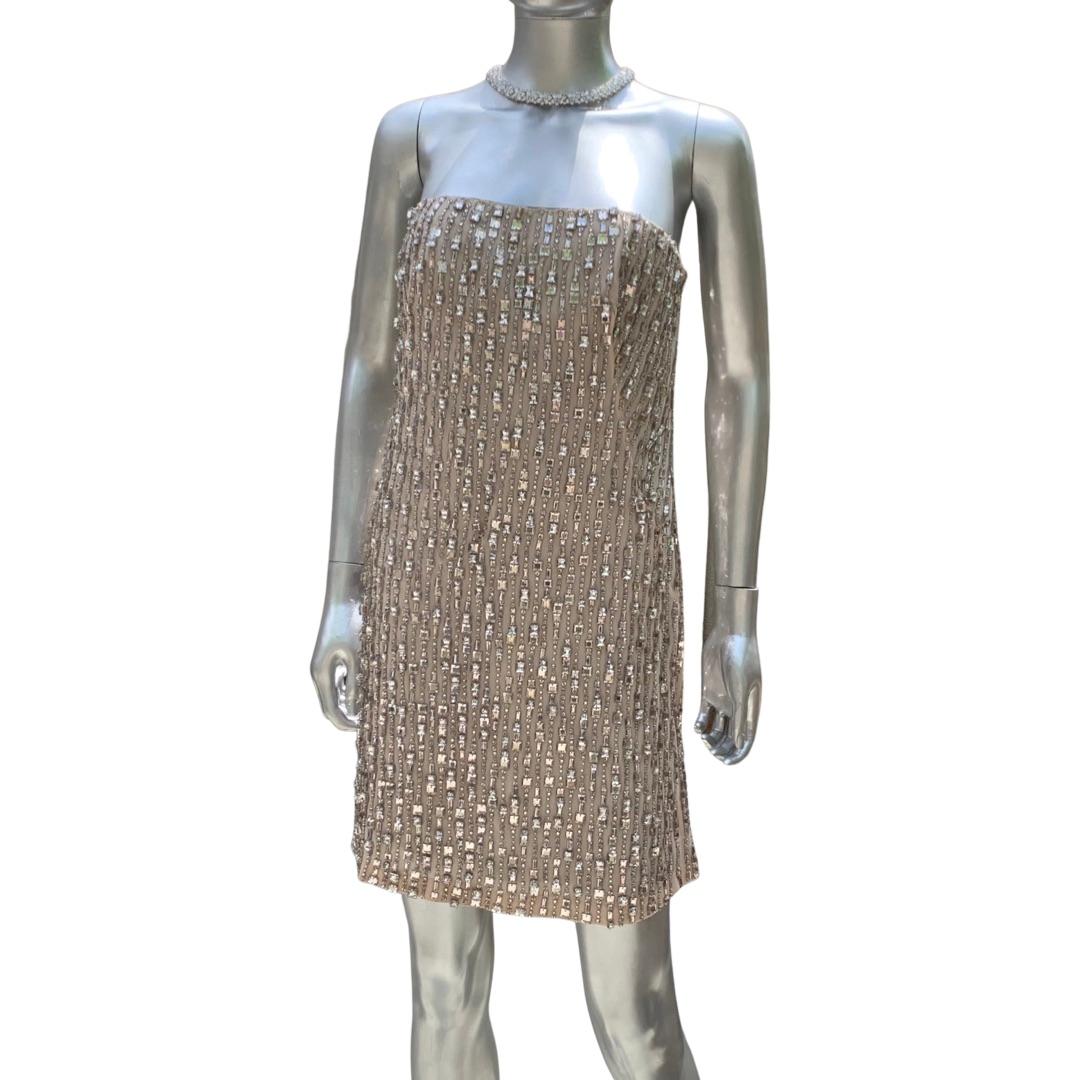 KaufmanFranco Nude Silk Rhinestone Hand Beaded Bustier Cocktail Dress NWT Size 6 For Sale 2