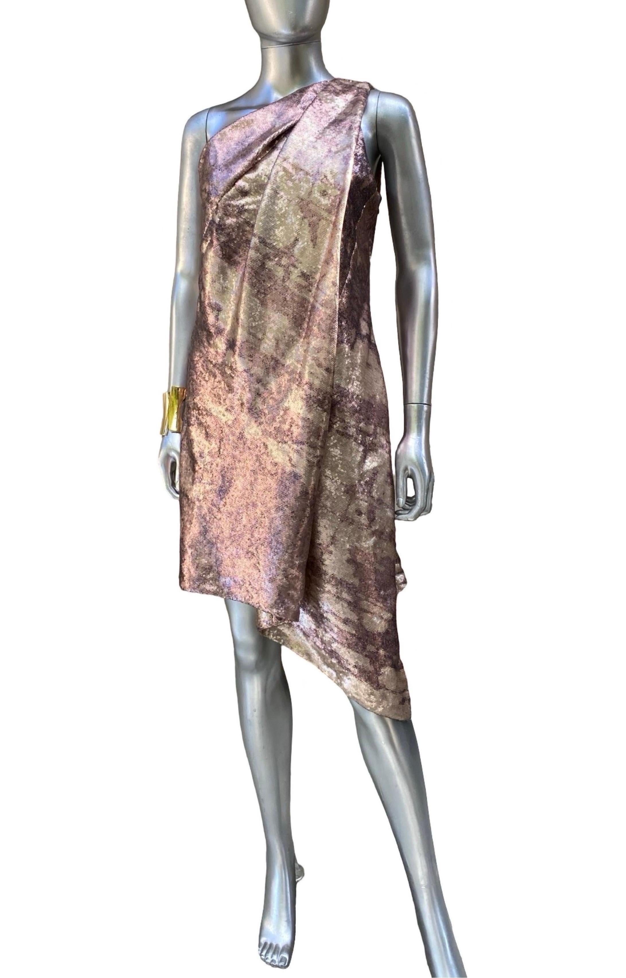 Kaufmanfranco NWT Draped Sequin Modern Art Asymmetrical 1 Shoulder Dress Sz 8 In Good Condition For Sale In Palm Springs, CA