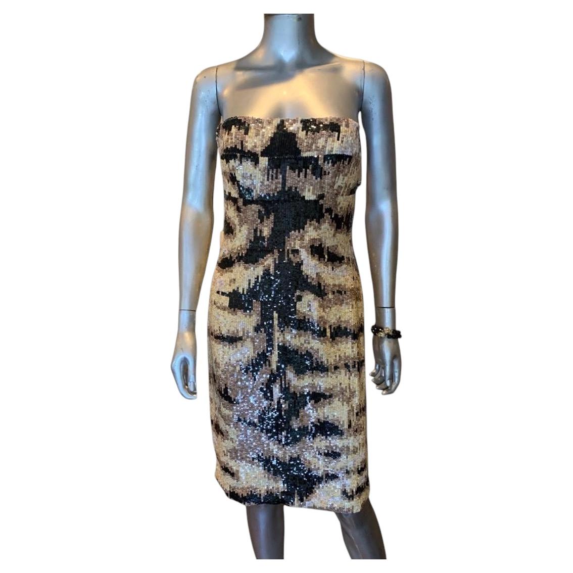 Kaufmanfranco NEU Seltenes ärmelloses Cocktailkleid mit Tiger-Pailletten von Hand und Perlen Größe 4 im Angebot
