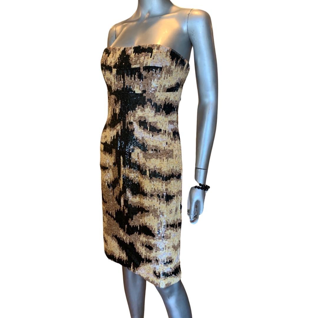 Kaufmanfranco NWT Rare Tiger Sequins Hand Beaded Sleevless Cocktail Dress Size 4 For Sale 2