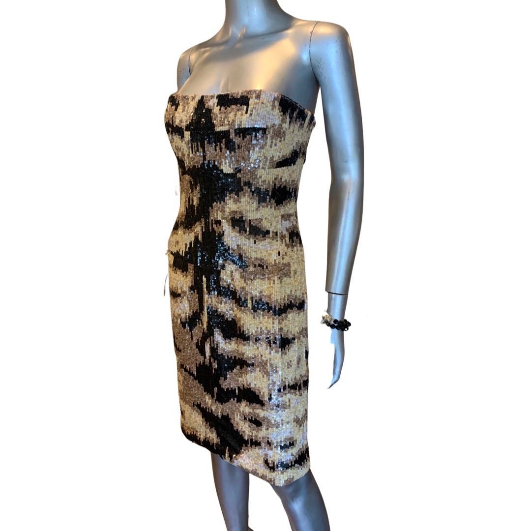Kaufmanfranco NWT Rare Tiger Sequins Hand Beaded Sleevless Cocktail Dress Size 4 For Sale 3