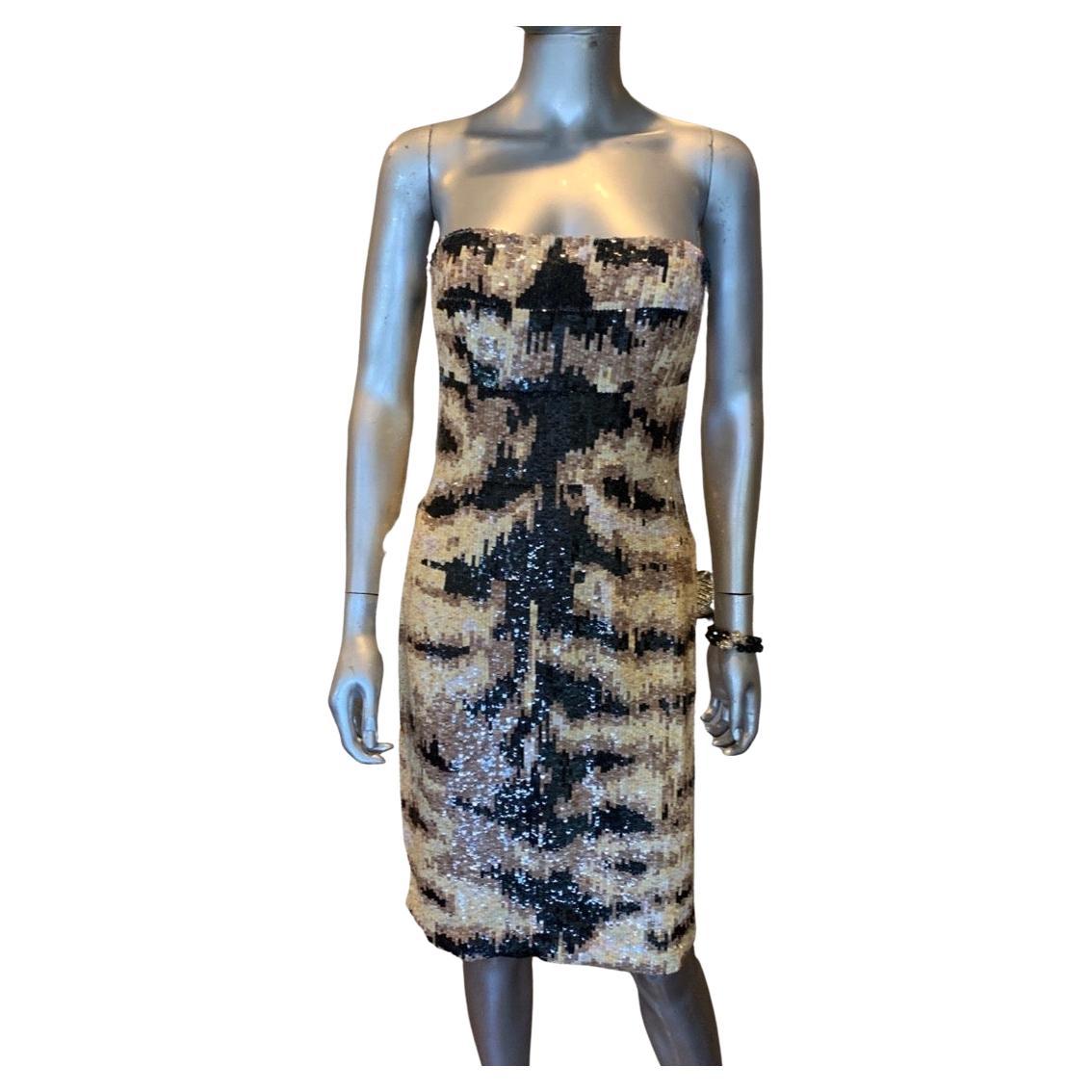 Kaufmanfranco NWT Rare Tiger Sequins Hand Beaded Sleevless Cocktail Dress Size 4 For Sale