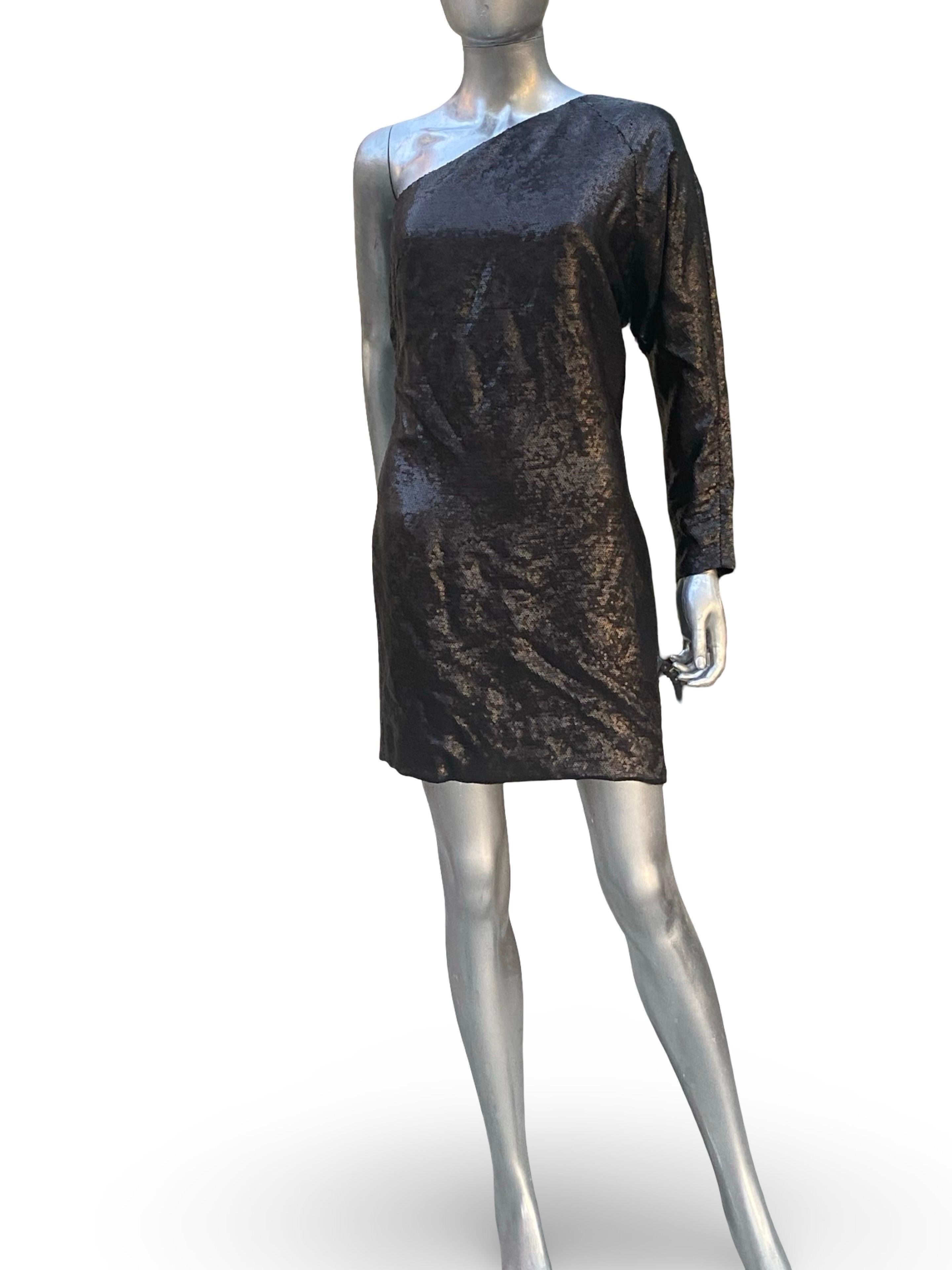 KaufmanFranco One Shoulder Sexy Chic Black Sequin Cocktail Dress Size 6/42 en vente 5