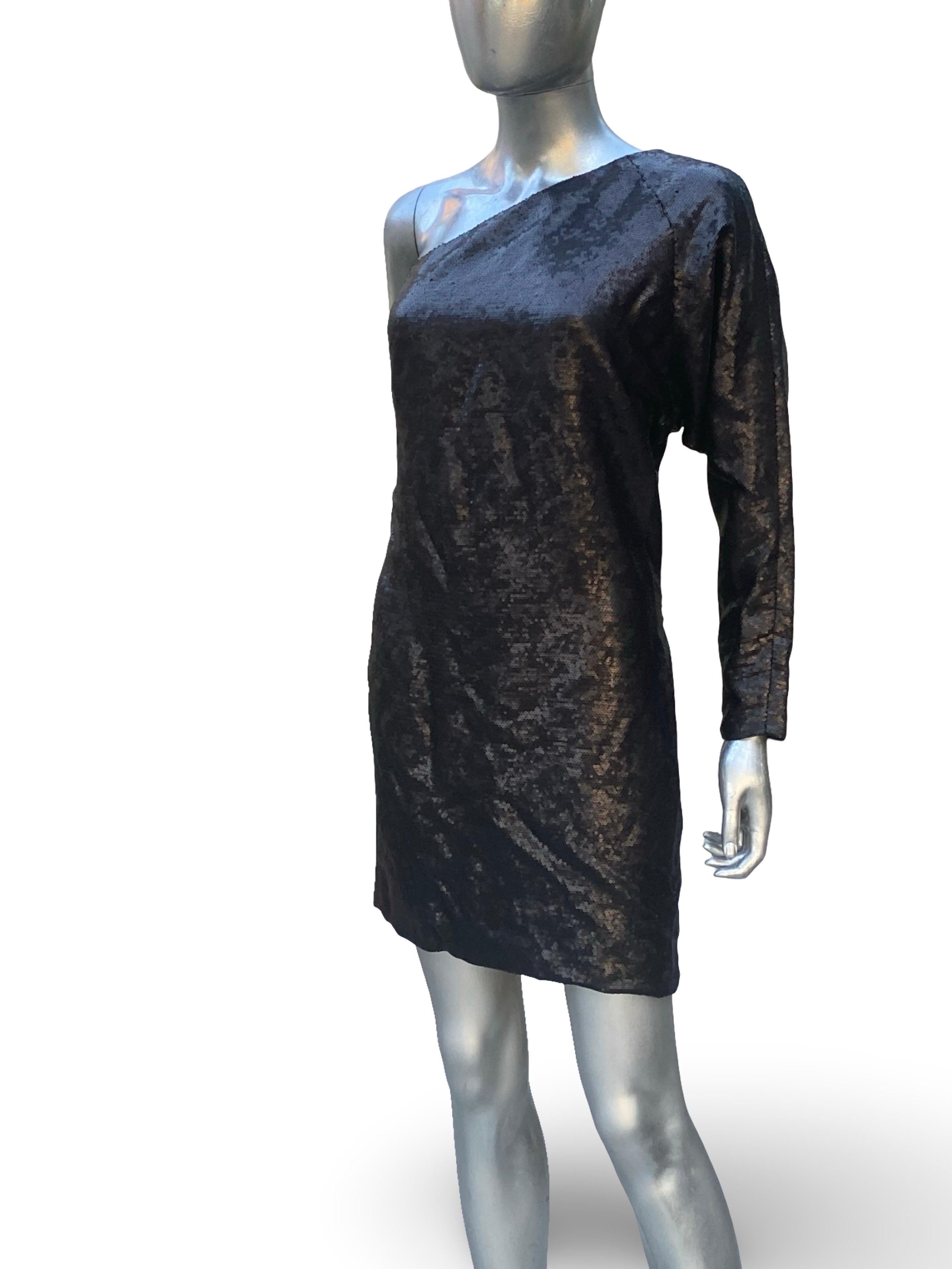 KaufmanFranco One Shoulder Sexy Chic Black Sequin Cocktail Dress Size 6/42 en vente 8