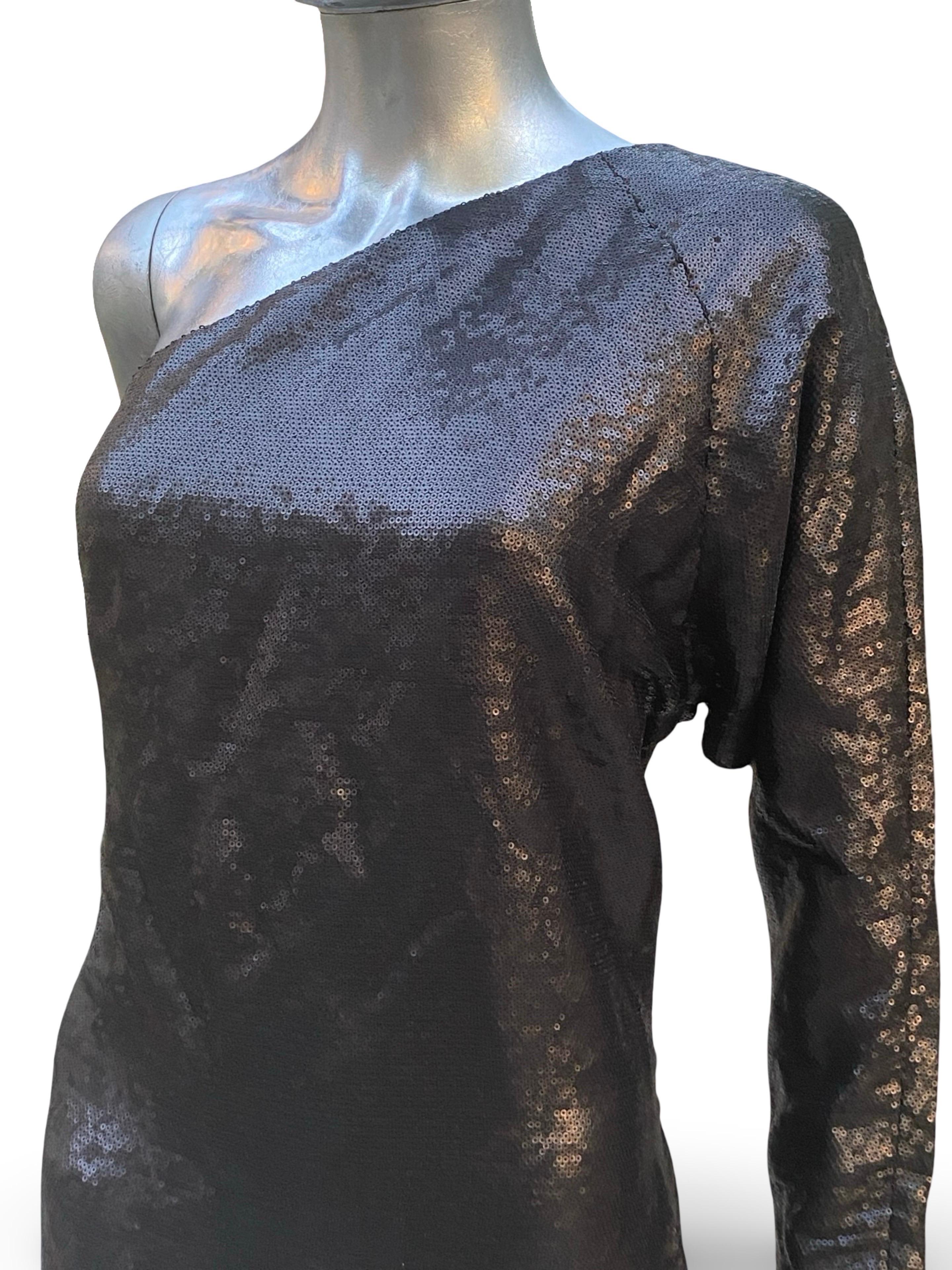 KaufmanFranco One Shoulder Sexy Chic Black Sequin Cocktail Dress Size 6/42 en vente 9