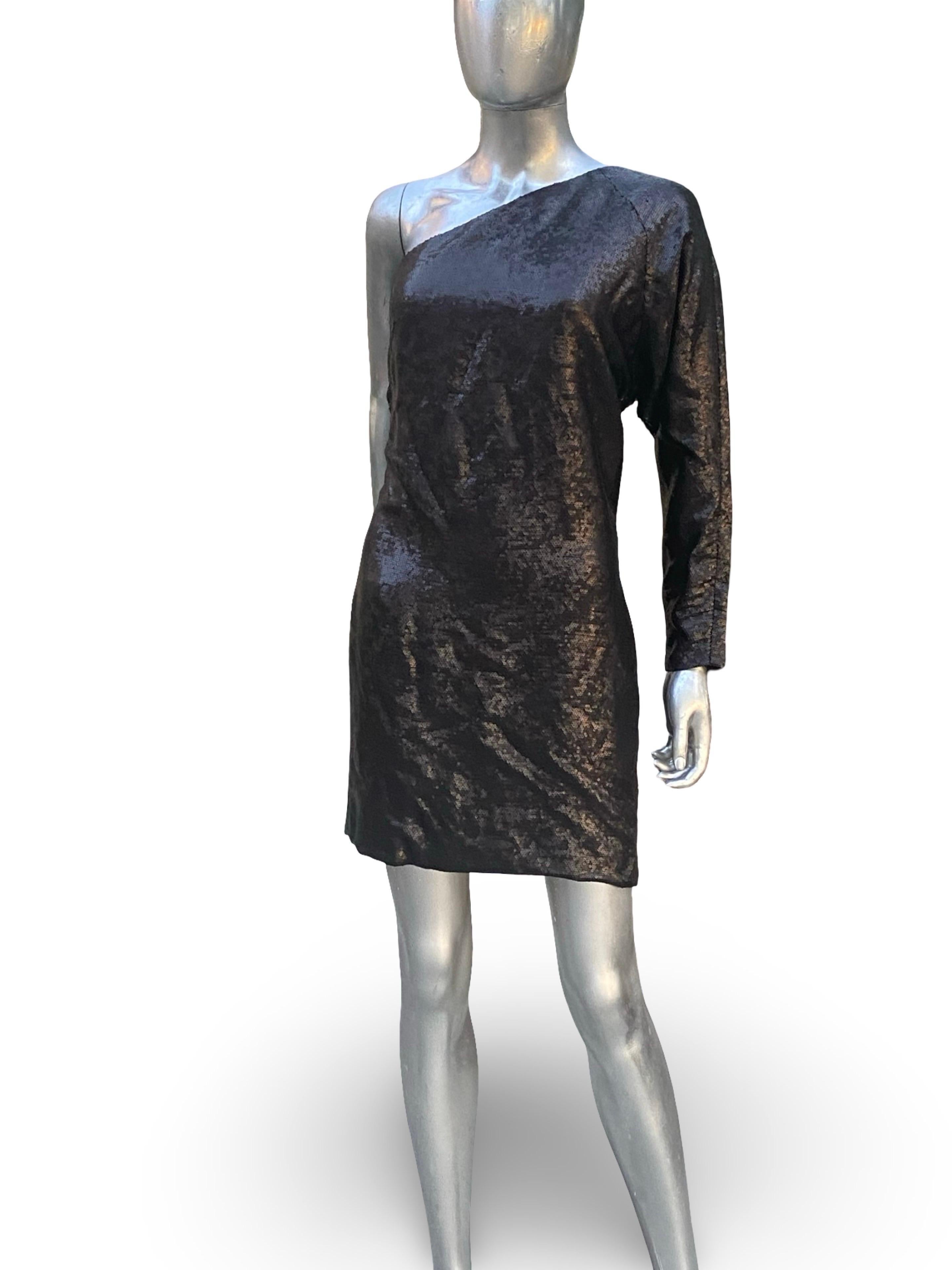 KaufmanFranco One Shoulder Sexy Chic Black Sequin Cocktail Dress Size 6/42 en vente 12