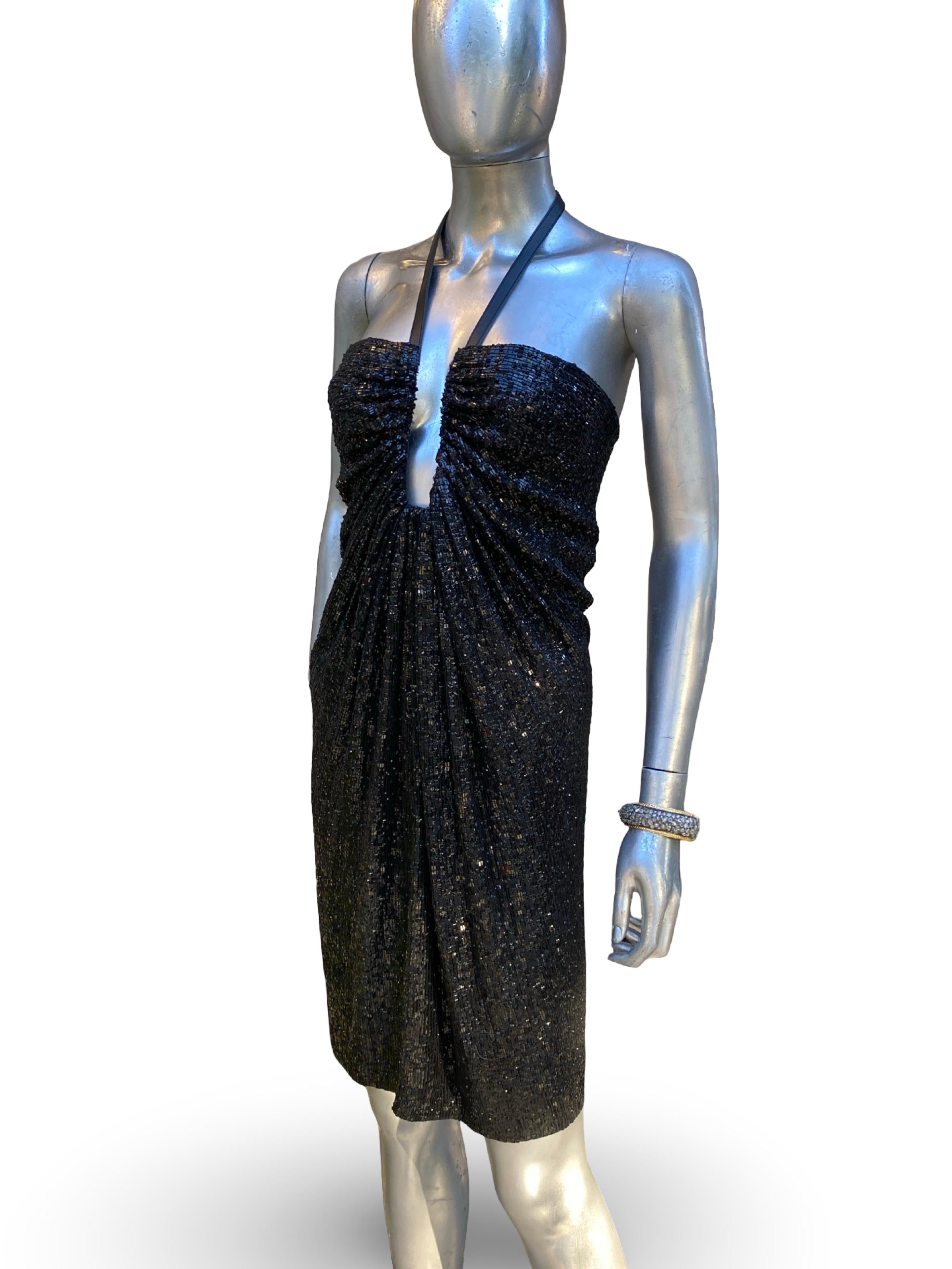 KaufmanFranco - Raro abito da cocktail modernista nero con paillettes e pelle - Taglia in vendita 10