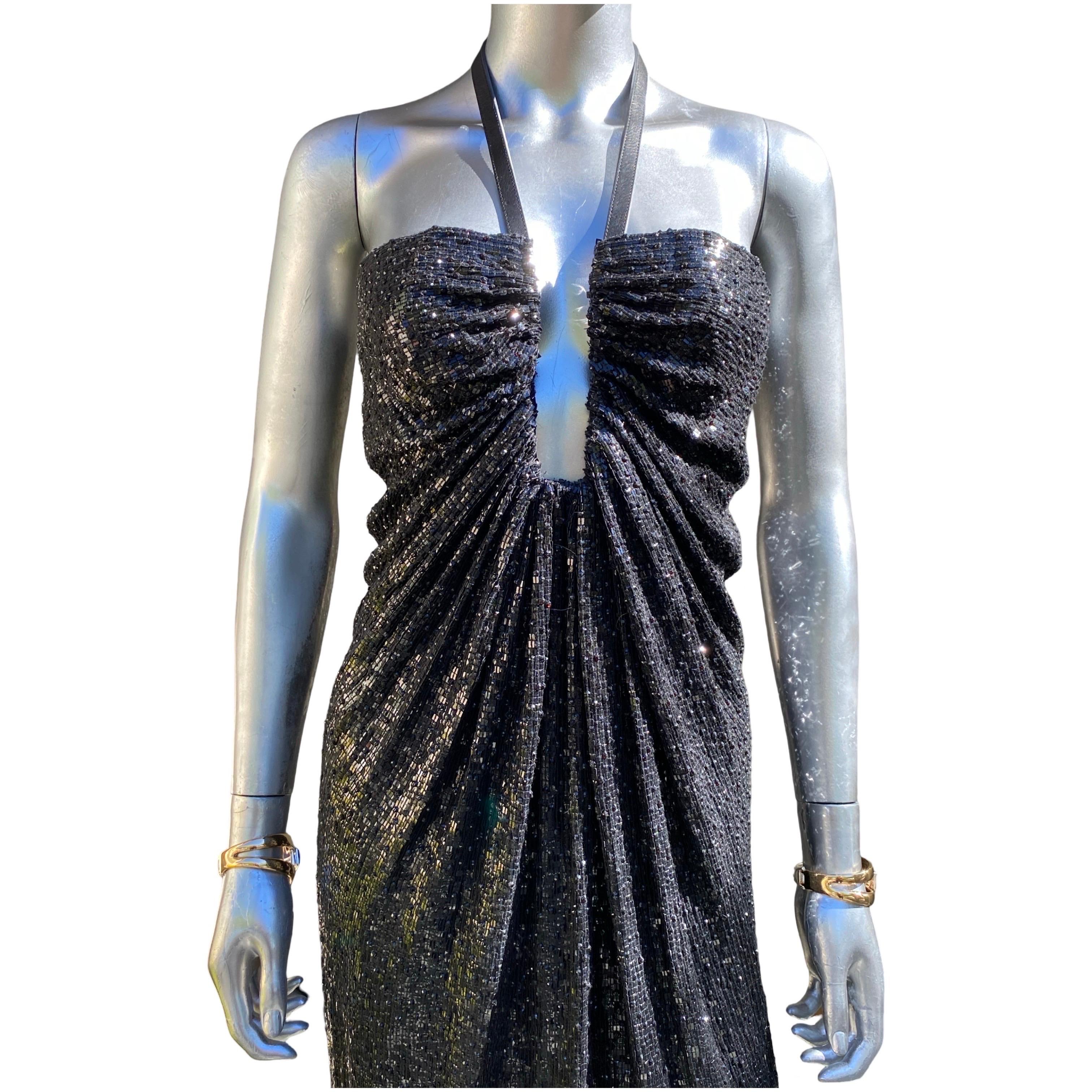 KaufmanFranco - Raro abito da cocktail modernista nero con paillettes e pelle - Taglia In condizioni buone in vendita a Palm Desert, CA