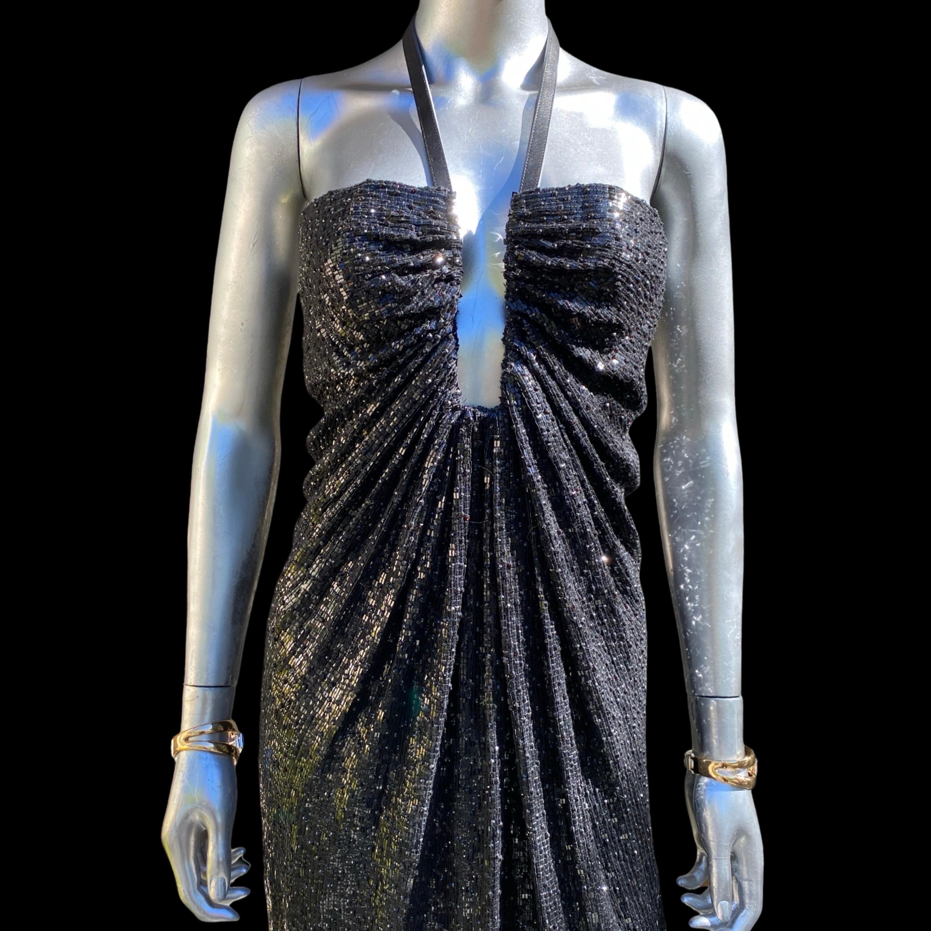 Donna KaufmanFranco - Raro abito da cocktail modernista nero con paillettes e pelle - Taglia in vendita