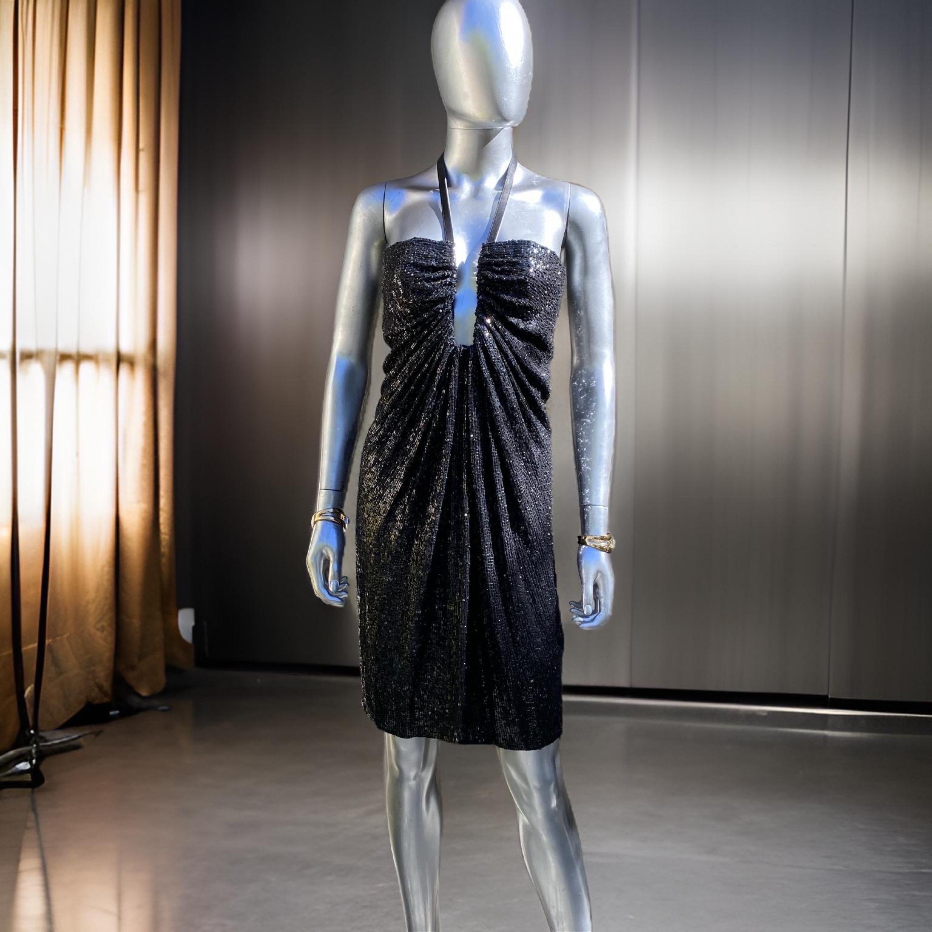 KaufmanFranco - Raro abito da cocktail modernista nero con paillettes e pelle - Taglia in vendita 3