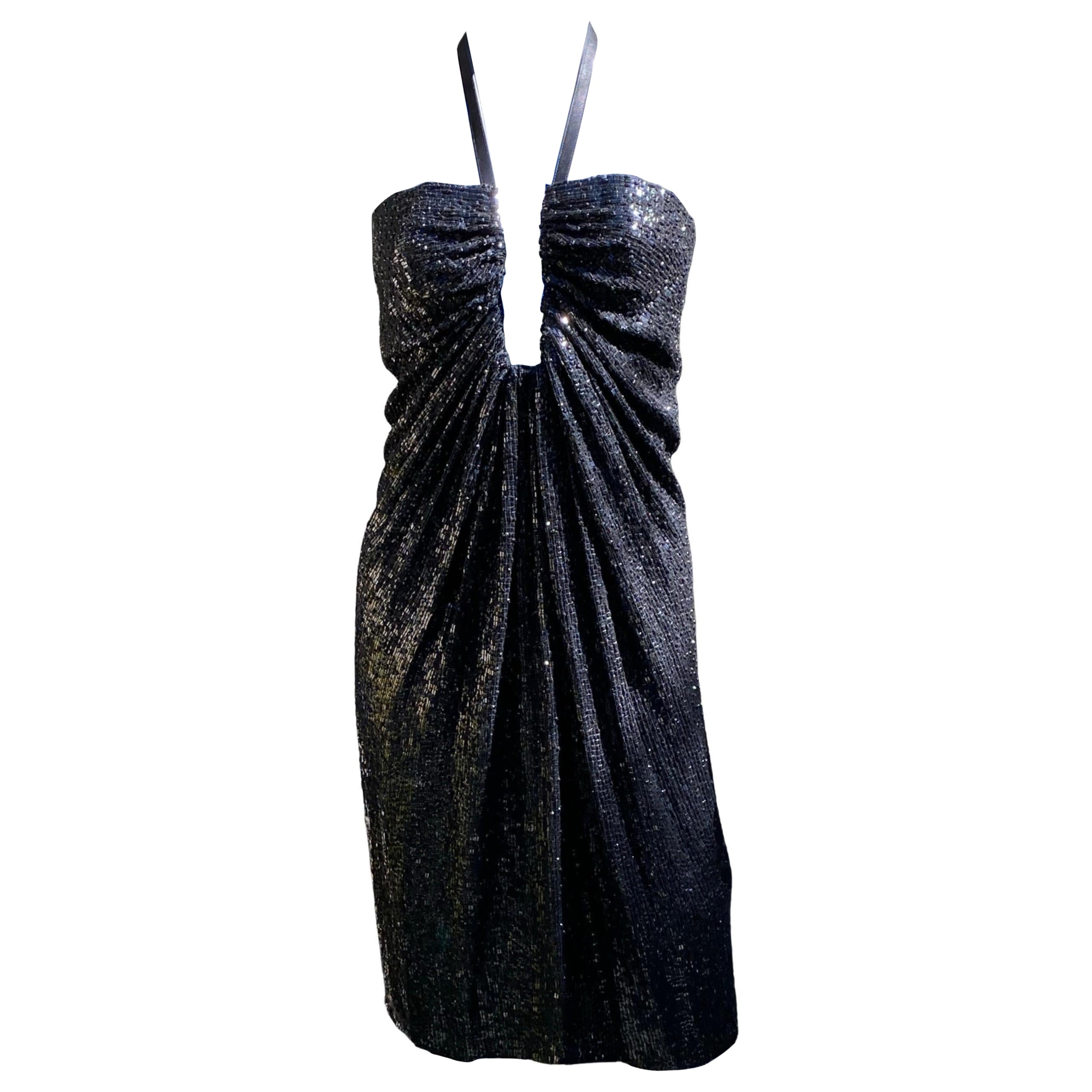 KaufmanFranco - Raro abito da cocktail modernista nero con paillettes e pelle - Taglia