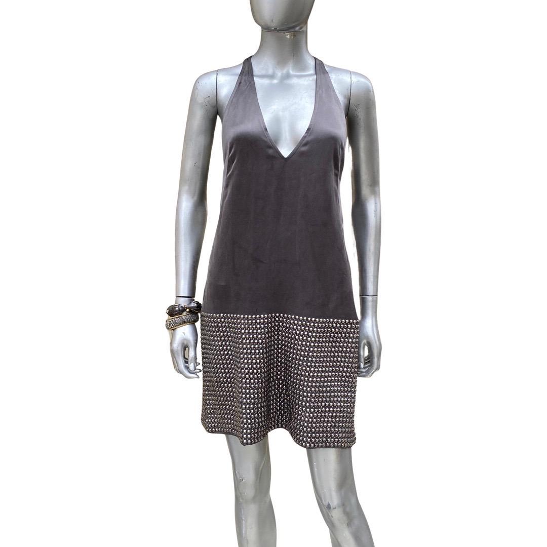 KaufmanFranco Vestido de tirantes de seda con pedrería y tachuelas plateadas 