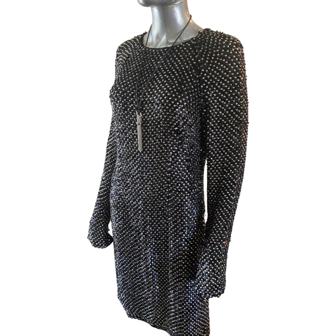 KaufmanFranco Silk Dress w/ Embellished Leather, Crystal, Black Jet Beads Size 8 For Sale 6