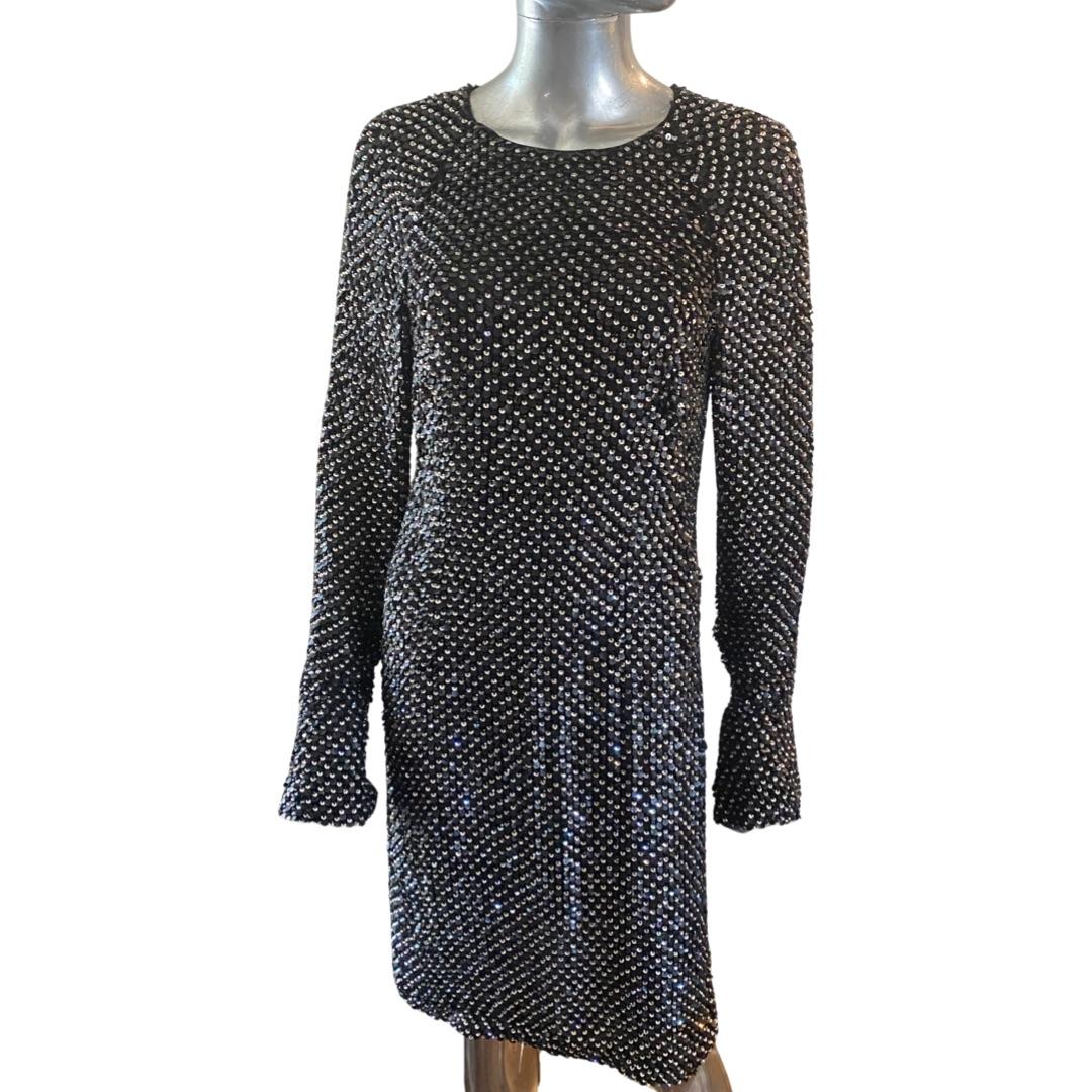 KaufmanFranco Silk Dress w/ Embellished Leather, Crystal, Black Jet Beads Size 8 For Sale 2